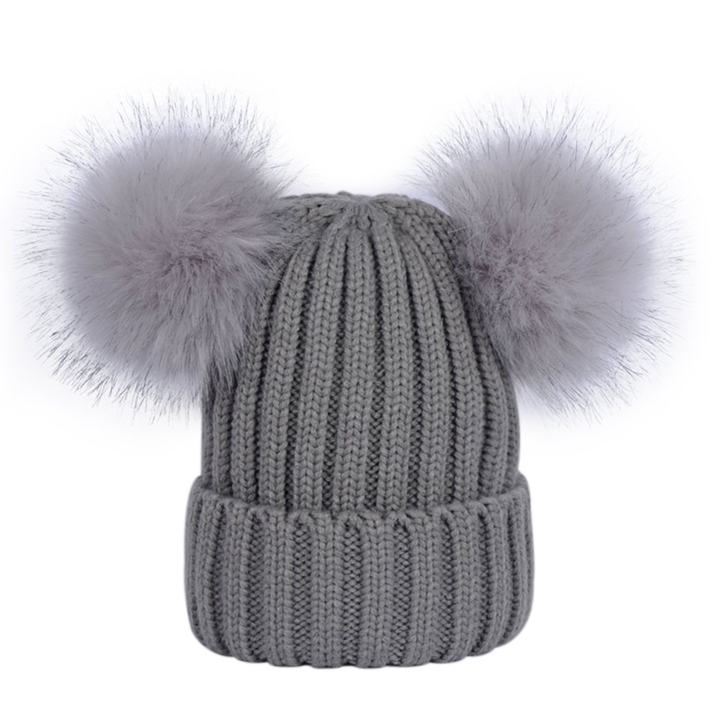 Lausons Women's Grey Warm Winter Ribbed Knit Bobble Hat With Faux Fur Double Pom Pom Beanie