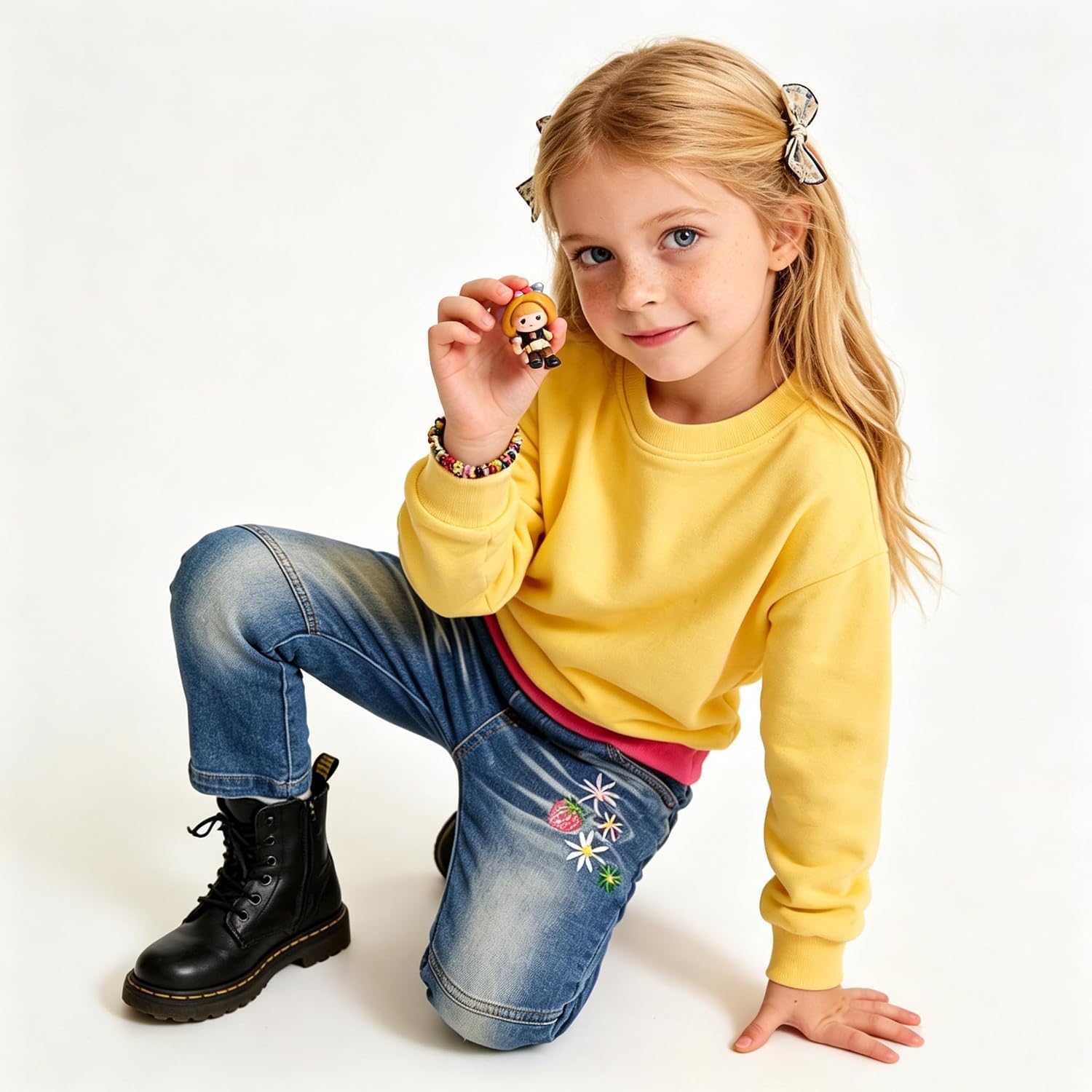 Girls Jeans Embroidered Floral Classic Fit Straight Cotton Denim Pants