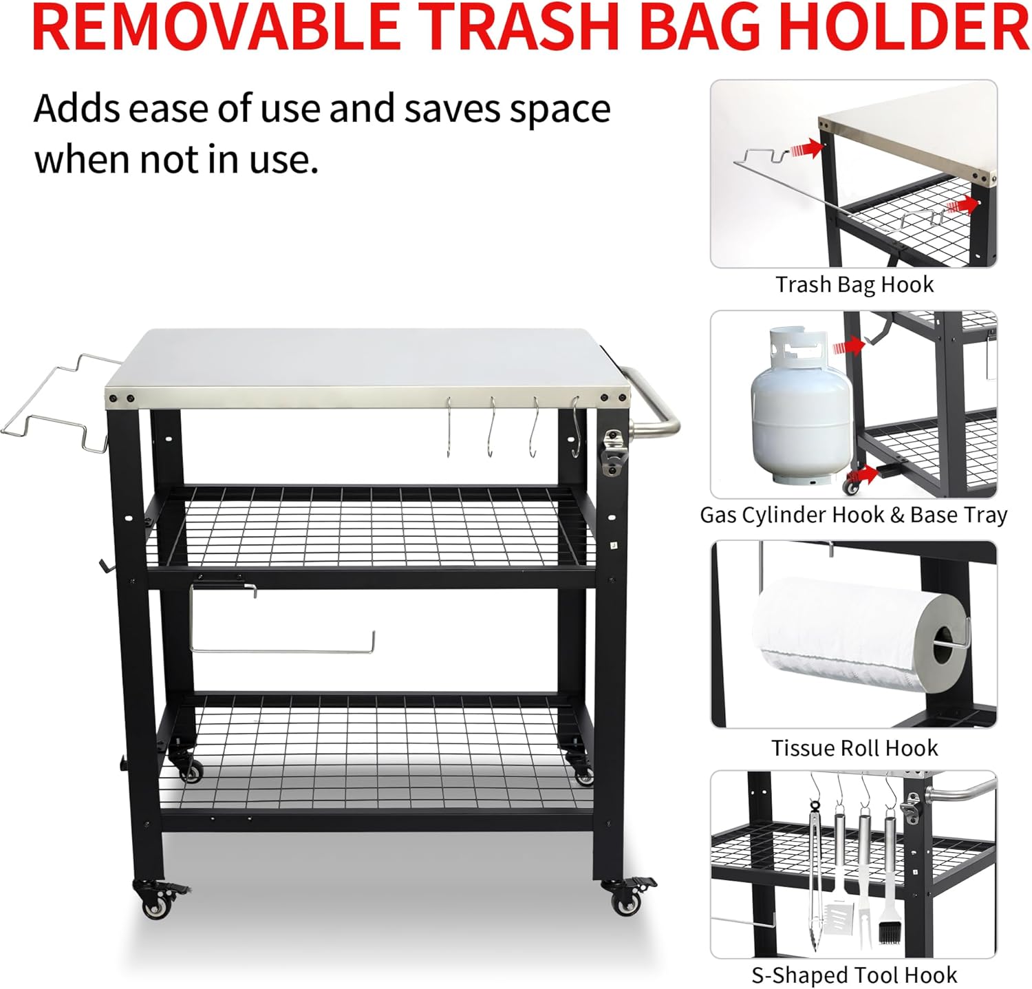Stainless Steel Movable Outdoor Grill Table with Three-Shelf - 220lb Outdoor Grill Cart with Trash Bag Holder and Paper Towel Tube Hook for Grill Tables for Outside Camping