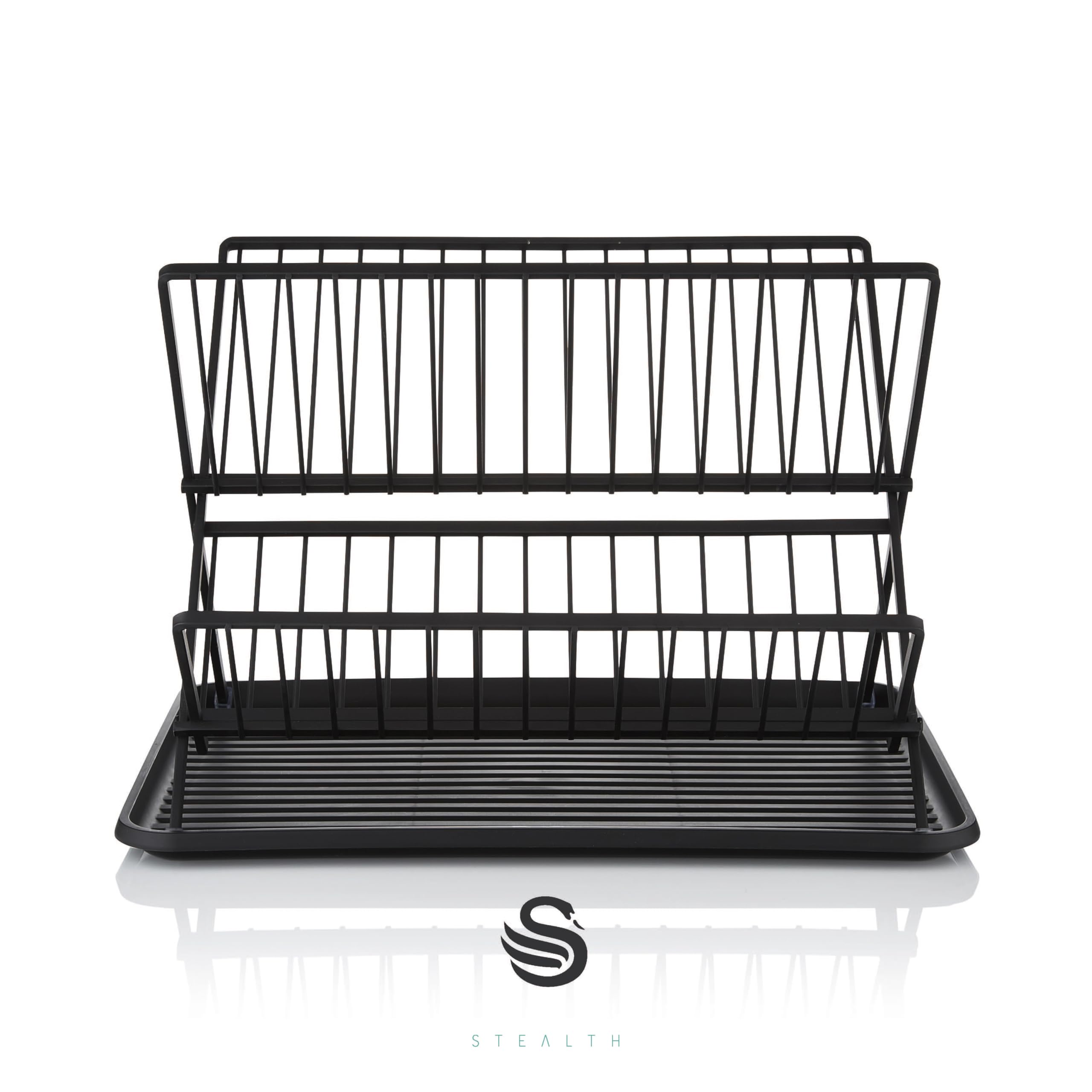 Swan SKWA5071BLK Stealth - Escurridor Plegable para 15 Platos con Bandeja de Goteo extraíble, diseño de Dos Niveles Que Ahorra Espacio, Cuerpo de Hierro, Color Negro