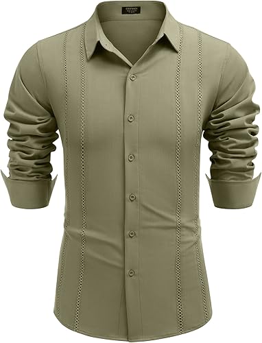 Miniatura 5 de COOFANDY - Camisas guayabera cubanas para hombre, con botones, casuales, de manga larga, para el verano, de playa