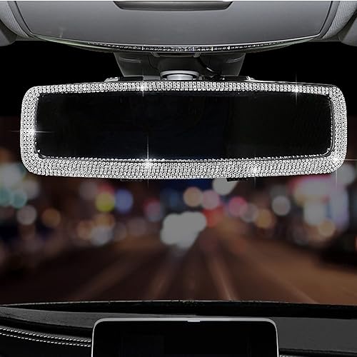 Espejo retrovisor de automóvil con diamantes de imitación brillantes para mujer, con adornos interiores de automóvil (plateado)