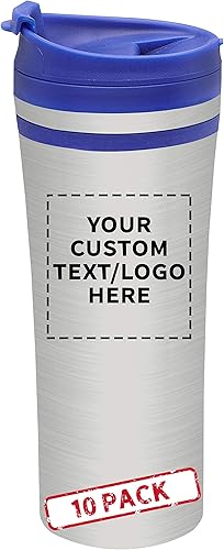 Tazas de viaje personalizadas de acero inoxidable con aislamiento Mia de 15 onzas, paquete de 10 unidades, texto personalizado, logotipo, color azul
