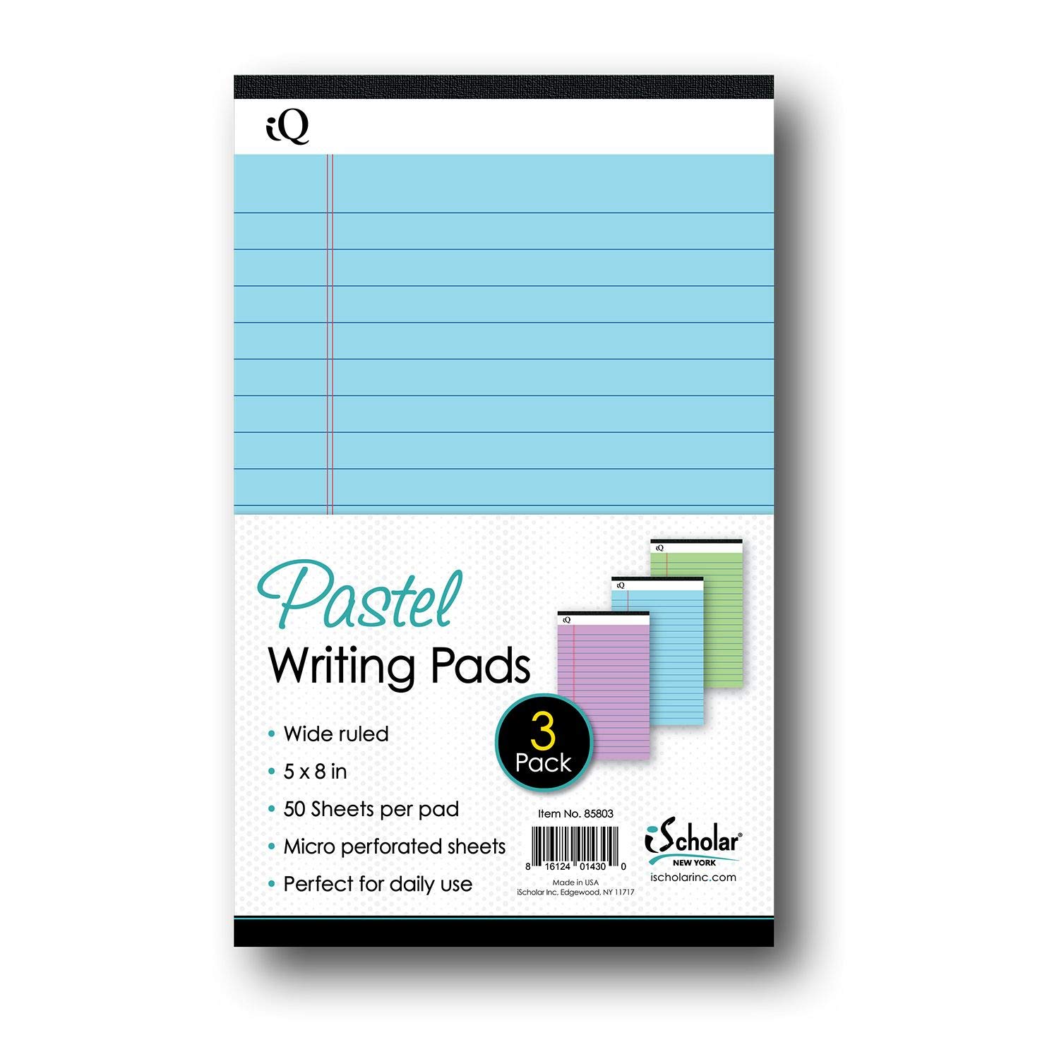 iScholar iQ Pastel Jr Writing Pads Wide Ruled 5 x 8 50 Sheets Per Pad Asst Pastel Colors