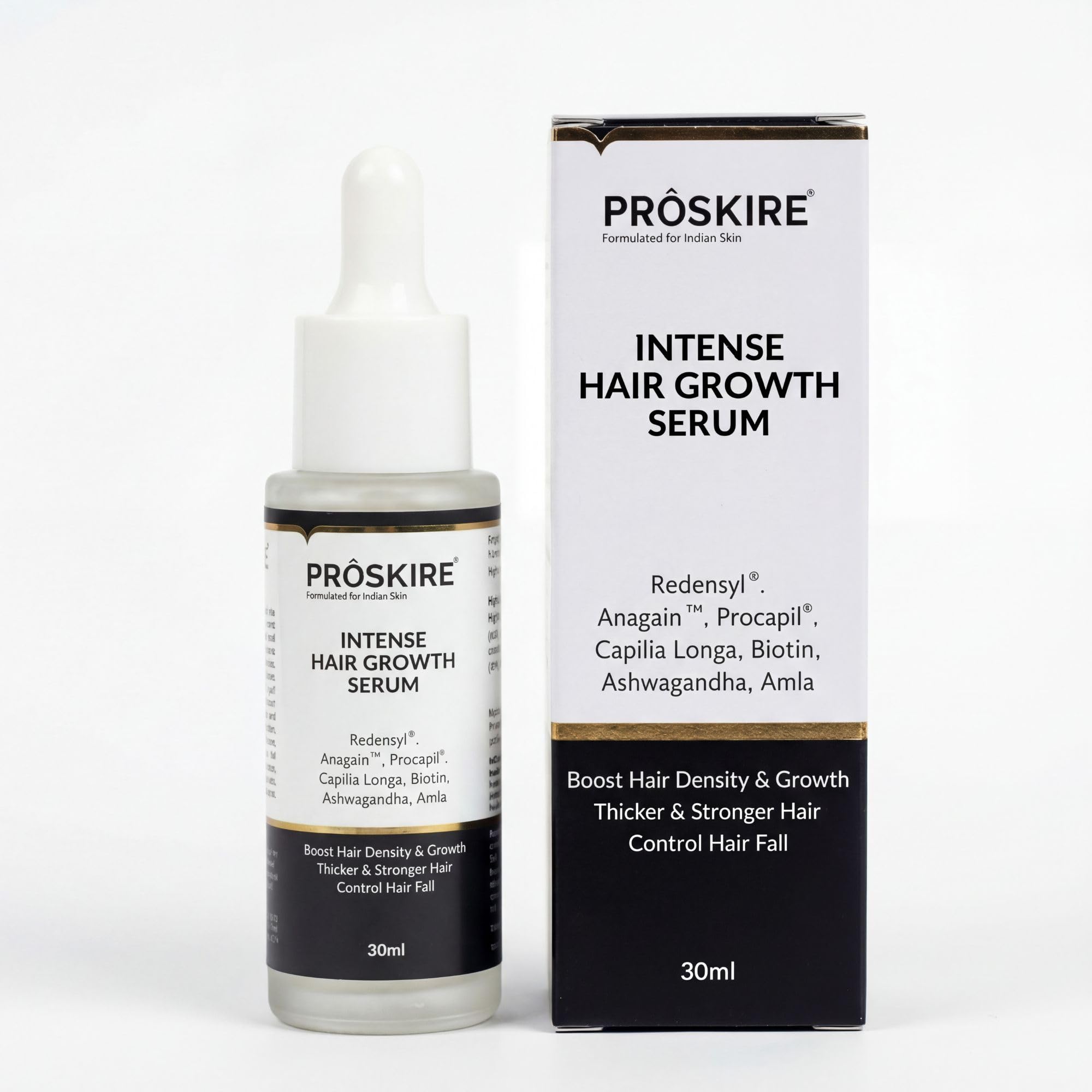 Proskire Intense Hair Growth Serum with Redensyl, Procapil, Anagain, Biotin & Ashwagandha | Boosts Hair Density & Thickness | Controls Hair Fall & Strengthens Roots | For Men & Women - 30ml