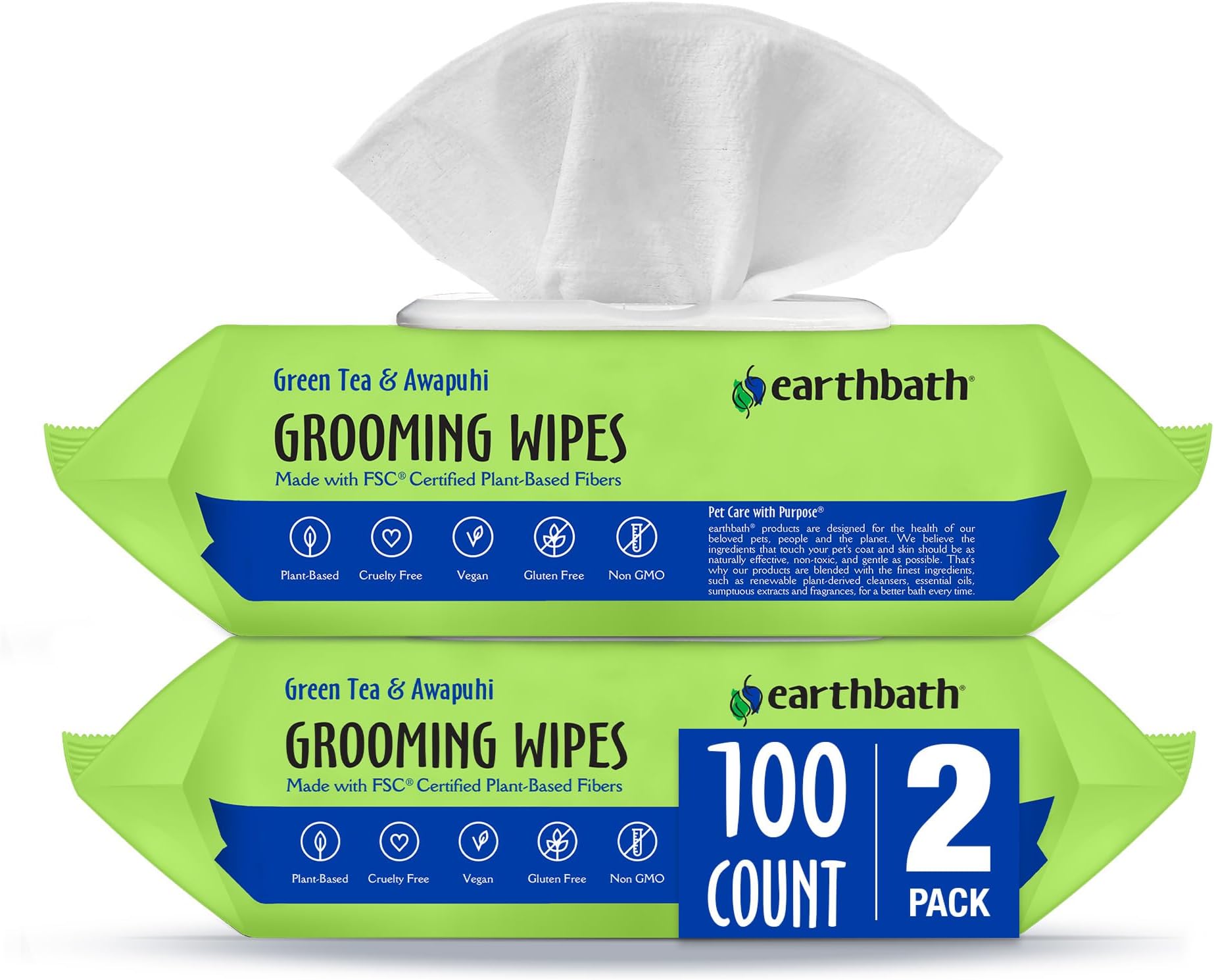Green Tea & Awapuhi Pet Grooming Wipes - Safely Wipe Away Dirt and Odor, Aloe Vera, Vitamin E, Good for Dogs & Cats - 100 Count, (Pack of 2)