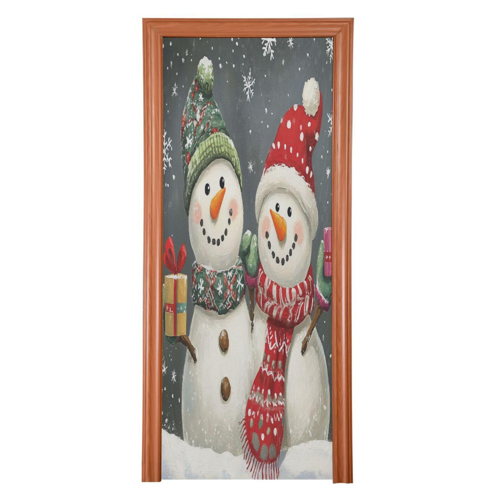 J JOYSAY Christmas Snowman Couple Door Decorations Door Cover Christmas Decorations Large Fabric Xmas Door Decorations Indoor for Outdoor Décor,35x79 in