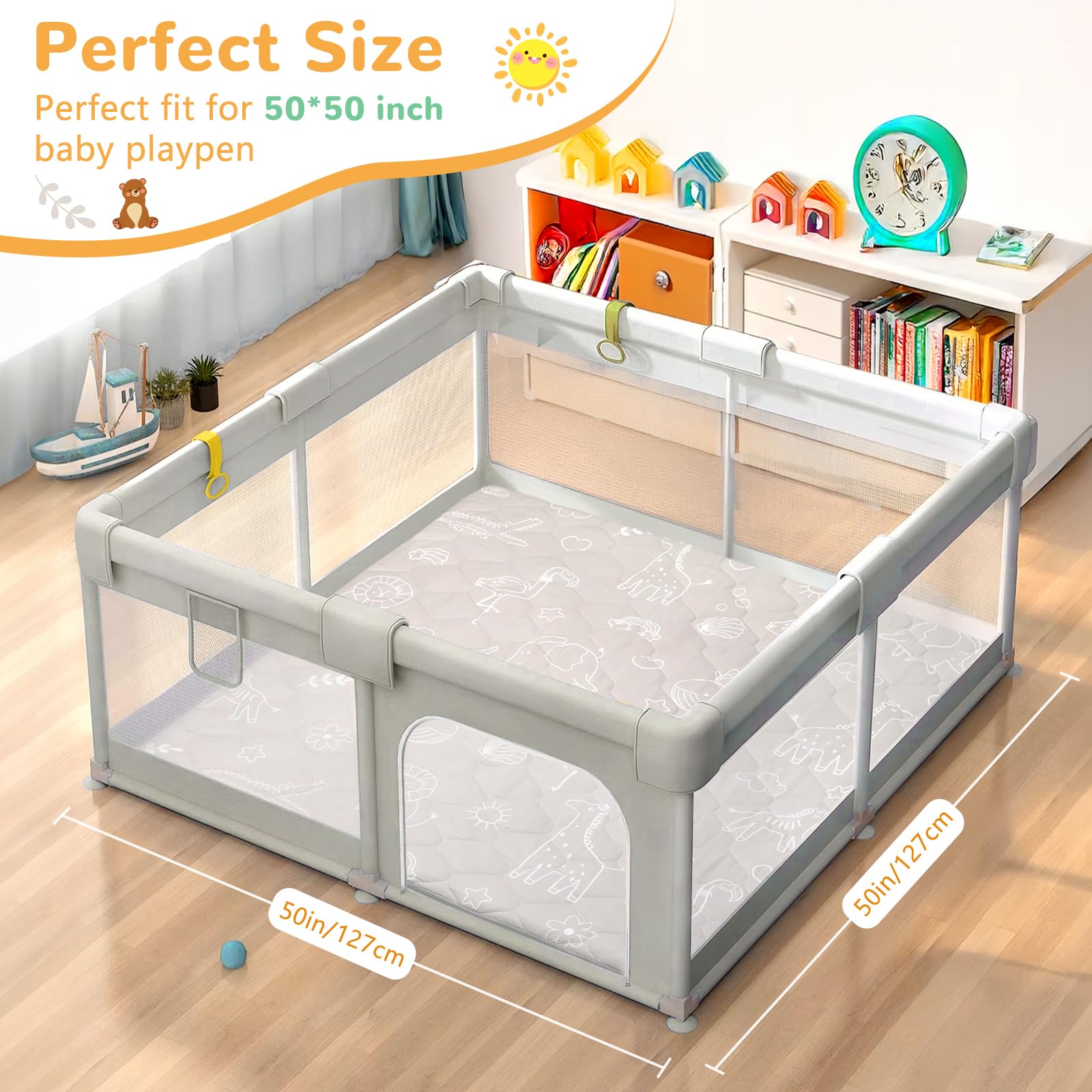 Alfombra Bebe 127×127 cm Desmontable Plegable, Espesar 2cm Alfombra Juegos Bebes Antideslizante, Tapete de Actividades Bebe Alfombras de Gateo Apto para Interior/Exterior/Valla (Animales con Líneas)