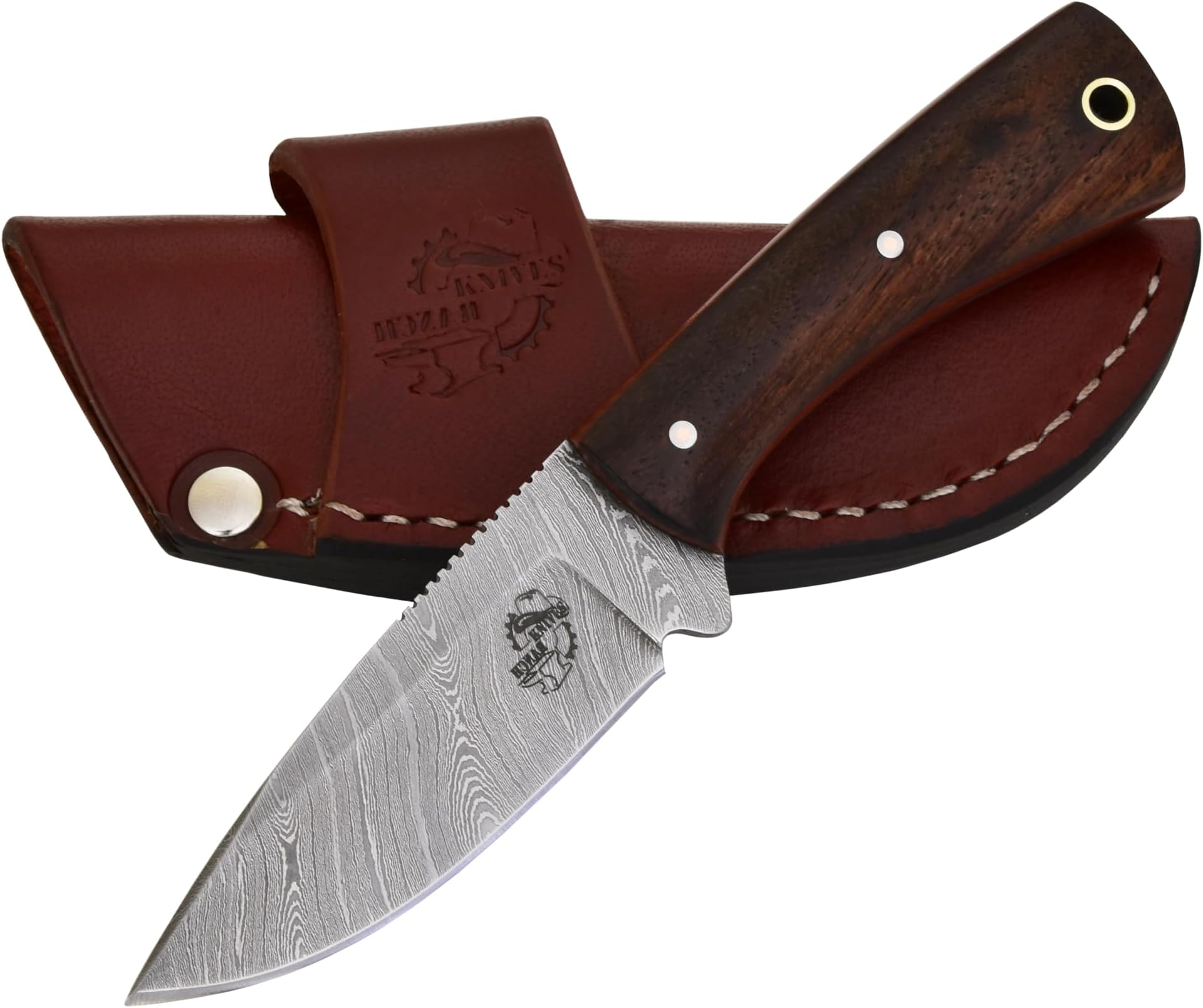 Fixed Blade EDC Knife with Horizontal Carry Sheath – Damascus Blade – Cowboy Essential with Leather Sheath Stabilized Rosewood Handle (4402-IRW)