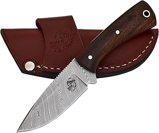 Knives Ranch Fixed Blade EDC Knife with Horizontal Carry Sheath – Small Hunting Knife – Damascus Skinning Knife – Cowboy Knife with Leather Sheath Stabilized Rosewood Handle (4402-IRW) - Knives Ranch