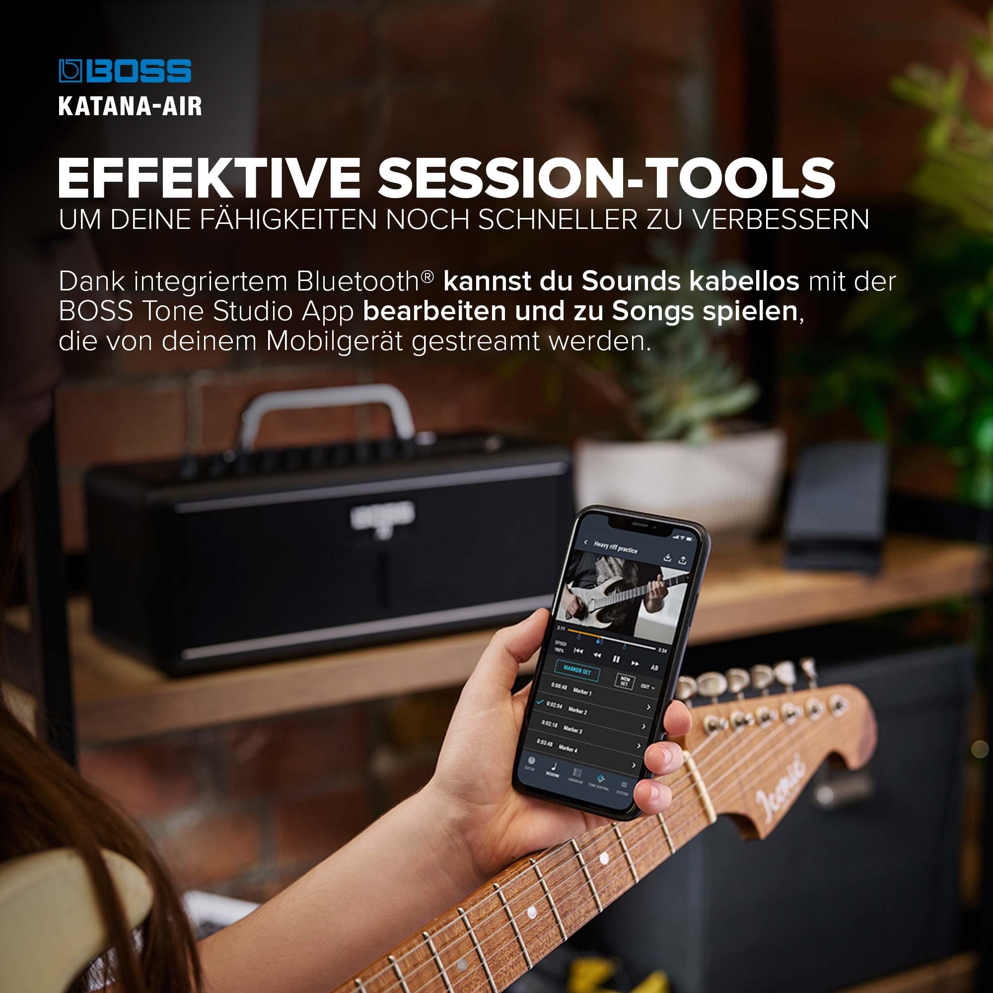 BOSS Katana-Air, Kompakter kabelloser Verstärker für Gitarre, Bass & elektroakustische Gitarre und Bass, 5 Verstärkercharakter, Preisgekrönte Katana Verstärker- und Effektsounds