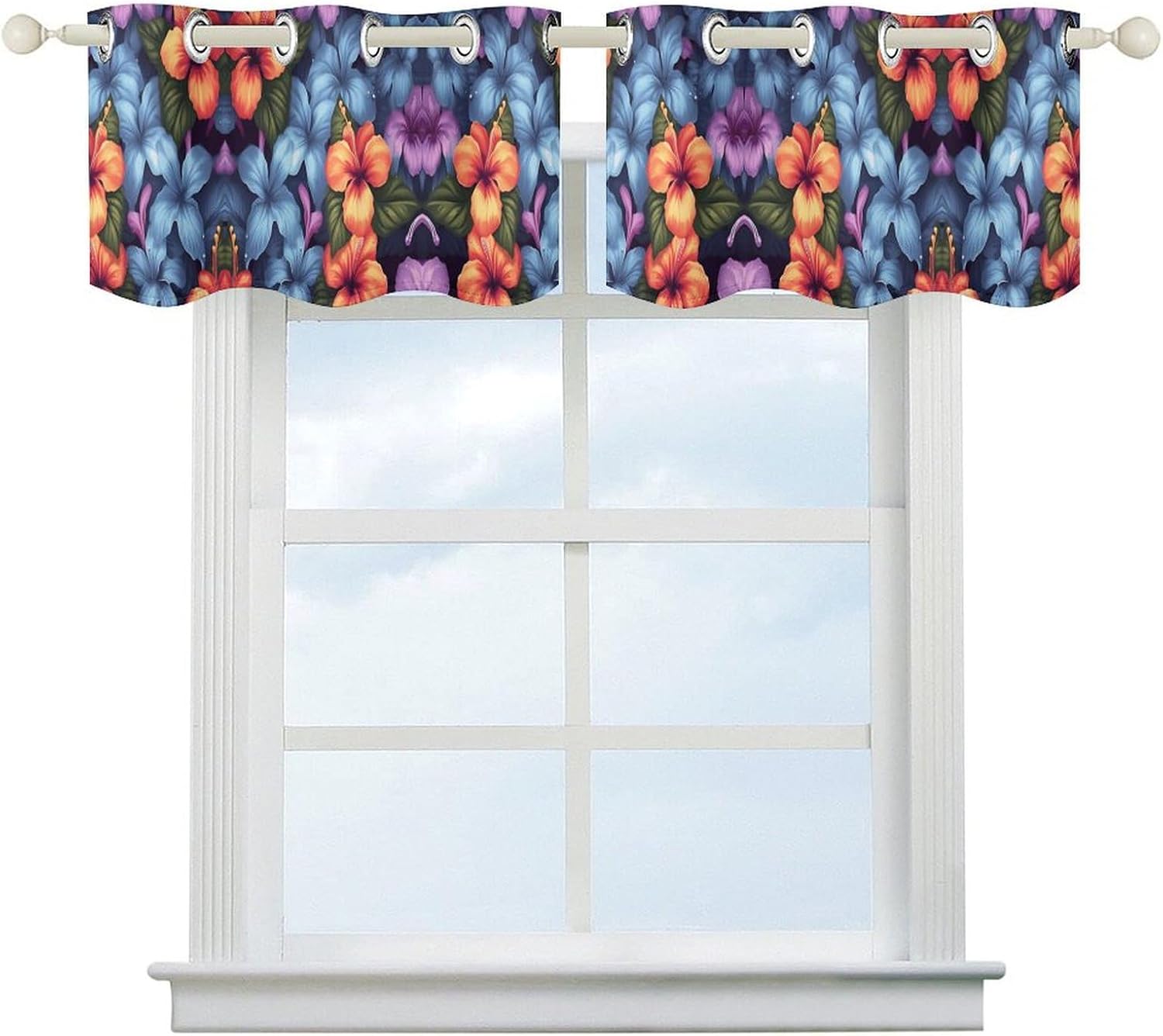 Tropical Floral Printed Short Window Curtains, Grommet Small Valance, Decorative Short Curtains Suitable for Window Sills in Bedrooms, Living Rooms, Kitchens, Etc