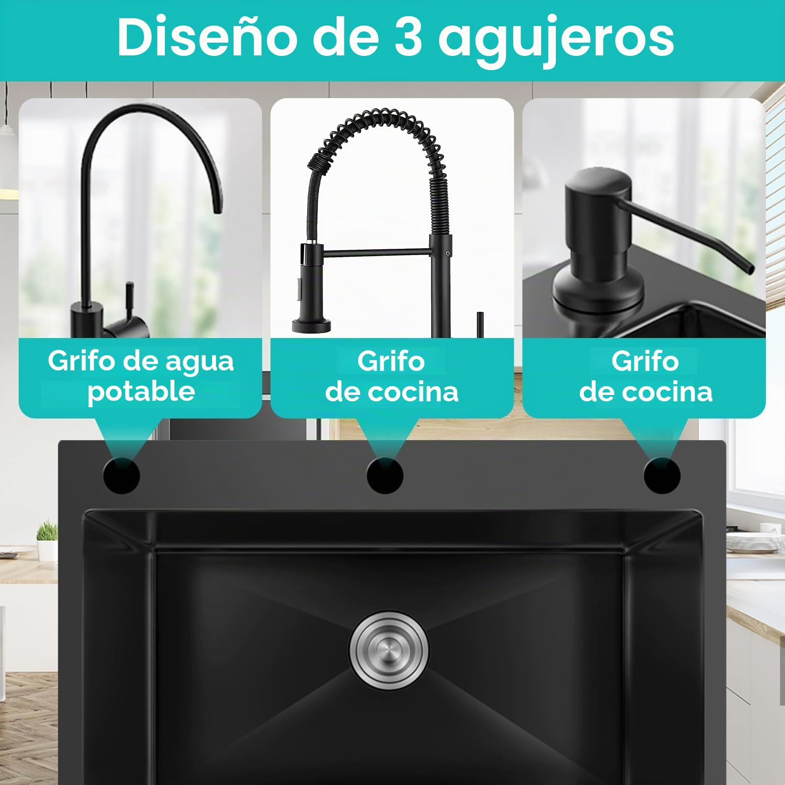 Fregadero de cocina de acero inoxidable 304 negro mate, 50 x 45 cm, fregadero empotrado con grifo, dispensador de jabón, grifo de agua potable (50 x 45 cm)