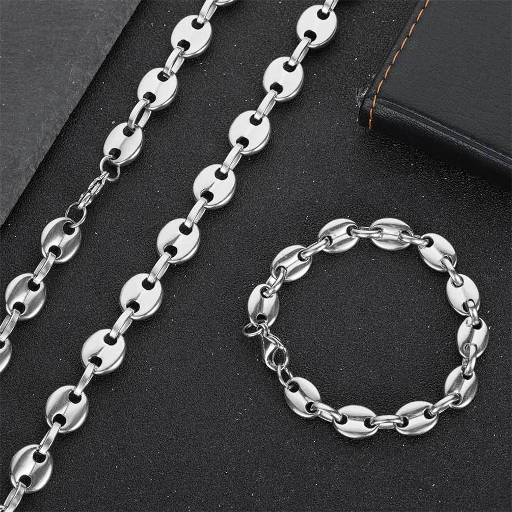 PAURO Unisex Stainless Steel Hip Hop Coffee Bean Oval Button Chain Necklace Charm Pig Nose Bracelets Biker Jewelry
