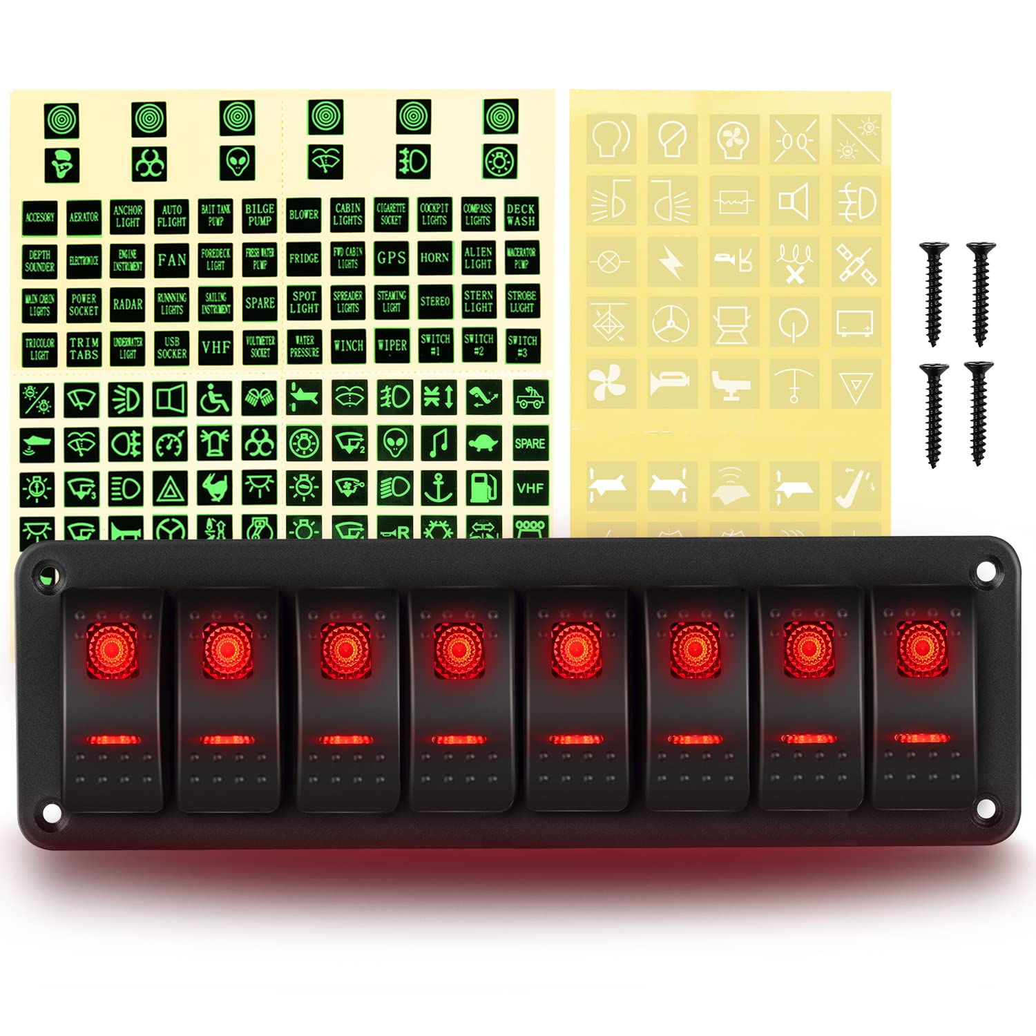 GOOACC 8 Gang Rocker Switch Panel 5Pin On Off Toggle Switch Aluminum Holder 12V 24V Dash Pre-Wired Red Backlit Switches for Automotive Cars Marine Boats RVs Truck, 2 Years Warranty