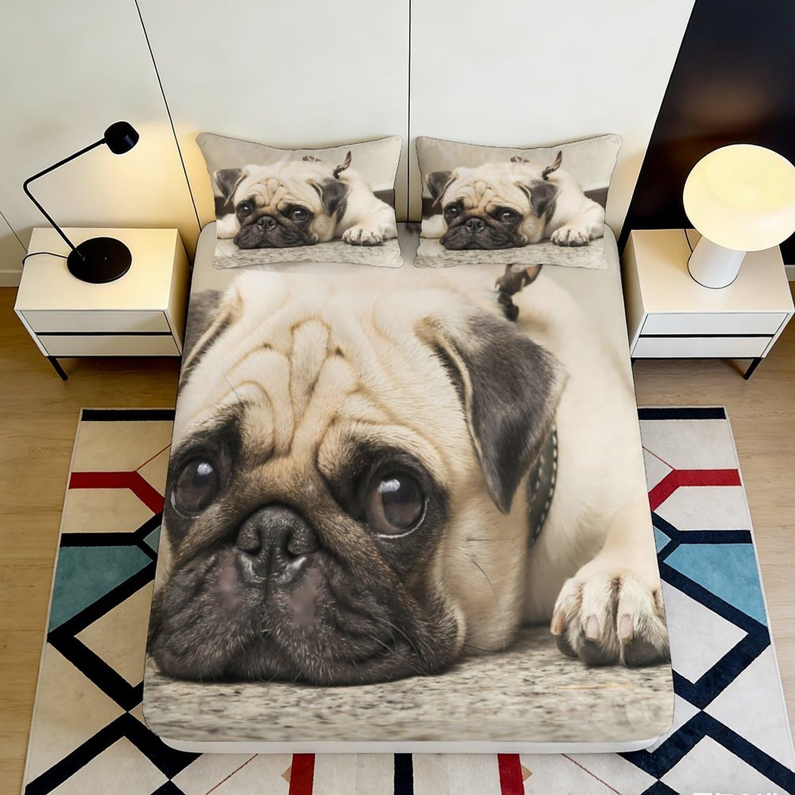 3D Printed Pug Dog Fitted Sheet Microfiber Soft Non-Slip Animal Bed Cover for Bedroom Dorm Easy Care Decor 90x200x25cm
