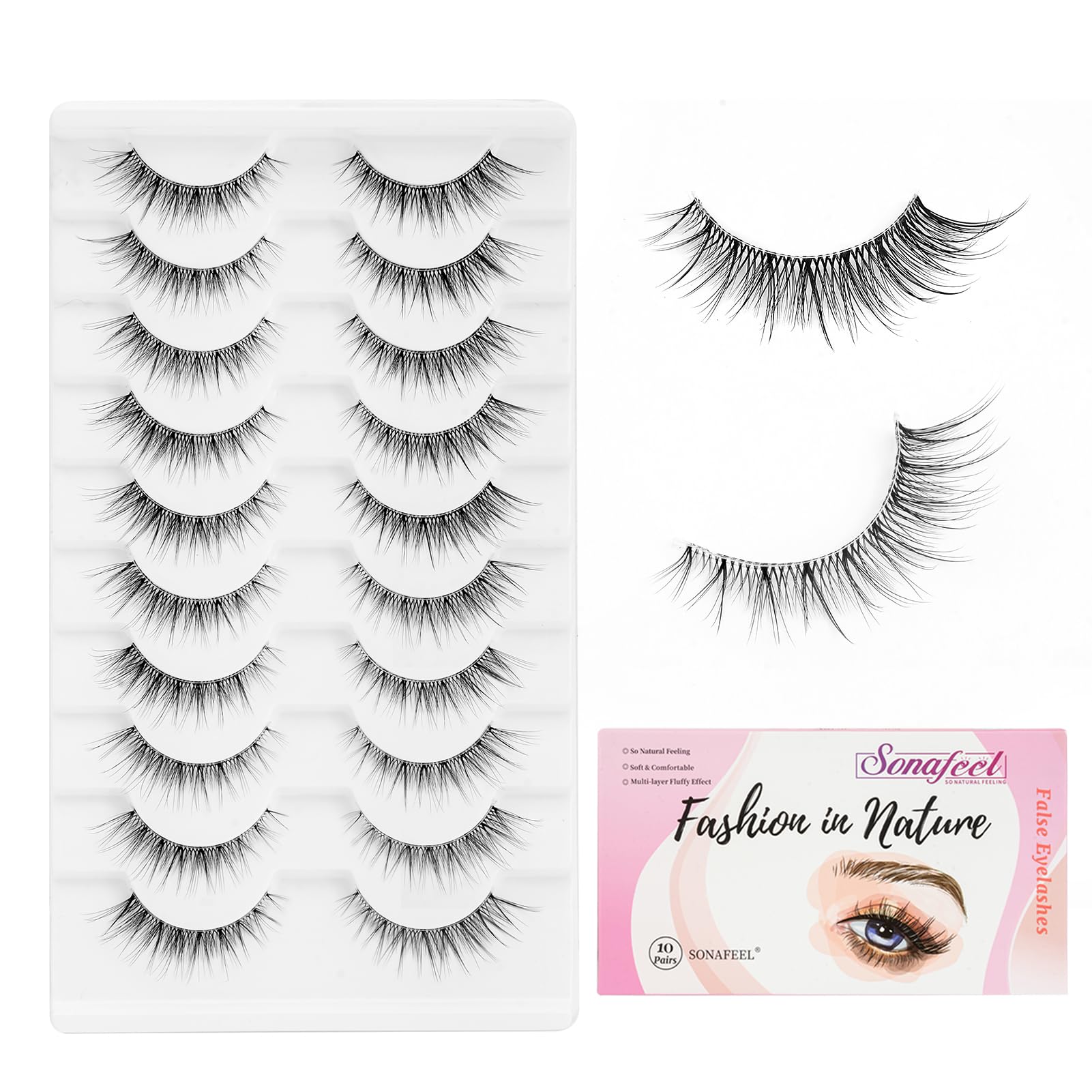 SONAFEEL Natural Lashes Wispy Cat Eye - Lightweight Reusable Clear Band Strip Lashes, 10 Pairs Pack, Faux Mink False Eyelashes Natural Look