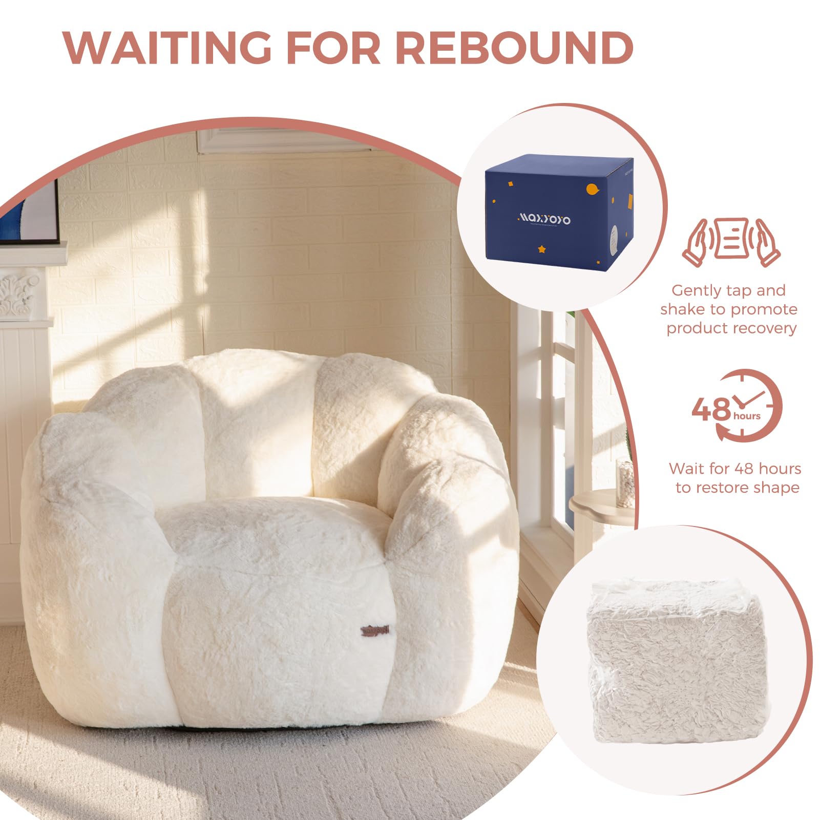 MAXYOYO Pouf Salon & Chambre, Floral Forme Bean Bag 2 Places avec Remplissage à Mémoire de Forme, Fausse Fourrure Douce, Taille Géante Fauteuil Pouf Poire | Pouf poire en forme de fleur avec rembourrage en fausse fourrure douce pour salon, chambre à couch
