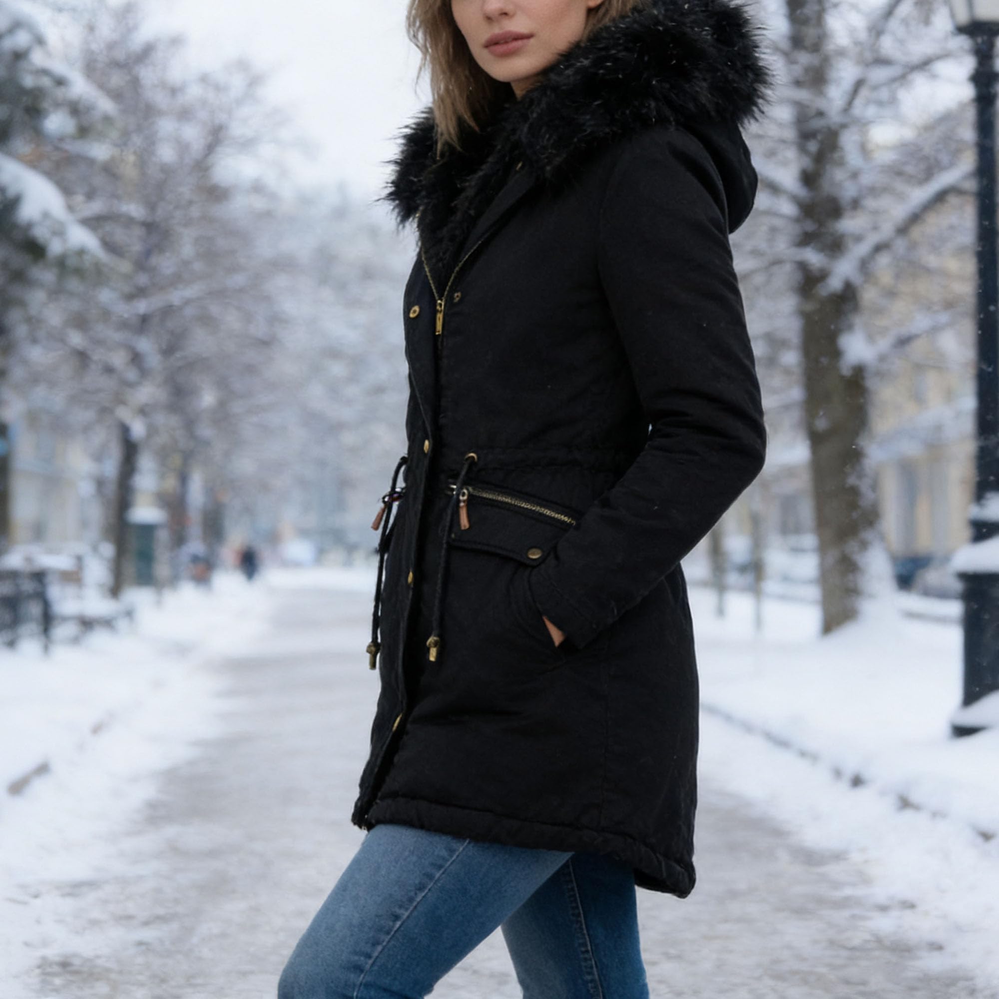 Cappotto invernale da donna con cappuccio, parka caldo e spesso, imbottito con cappuccio in pelliccia sintetica rimovibile