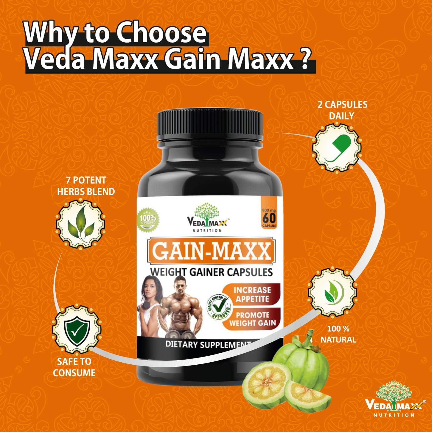 VEDA MAXX GAIN-MAXX Weight Gainer Capsules for Promote Weight Gain & Increase Appetite,Ayurvedic Dietary Supplements (Packof1 X 800mg X 60 Caps)
