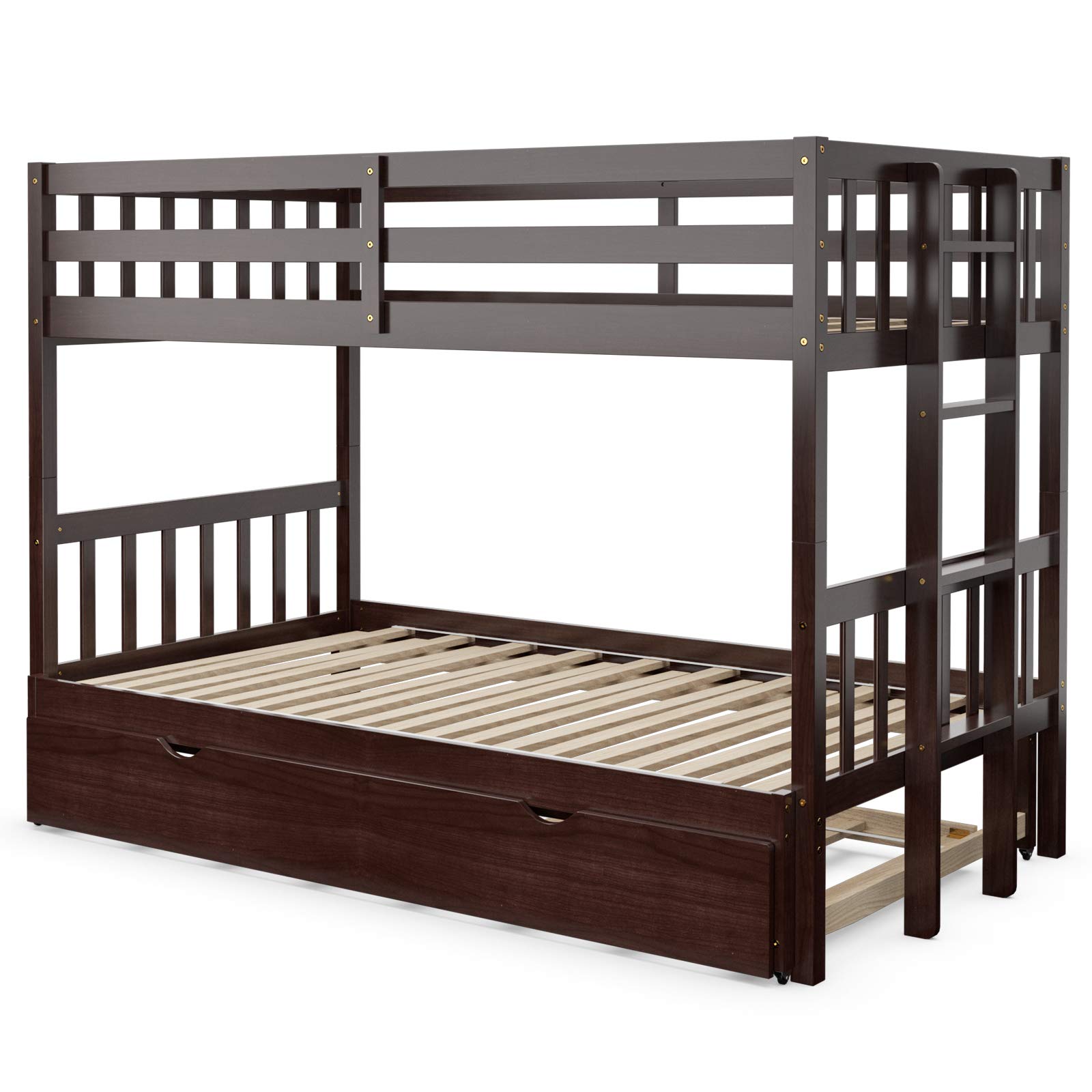 Giantex Twin Over PullOut Bunk Bed with Trundle, Solid Wood Bunk Bed