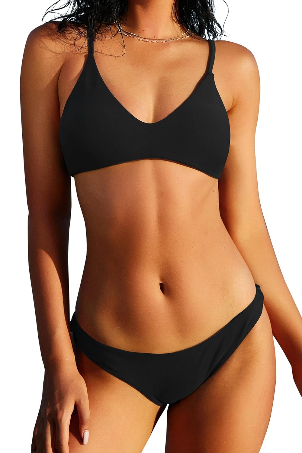 ZAFUL Womens Solid Spaghetti Strap Bralette Bikini Set Two Piece Swimsuit