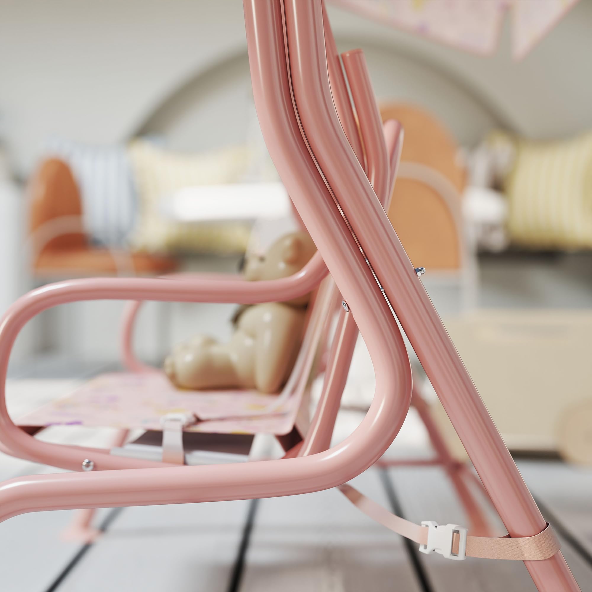 AIYAPLAY Dondolo per Bambini da Esterno a 2 Posti con Tettuccio Regolabile e Cinture di Sicurezza, Altalena Dondolo da Giardino e Interno in Acciaio e Oxford, Max 60 kg, 112x75x120 cm, Rosa
