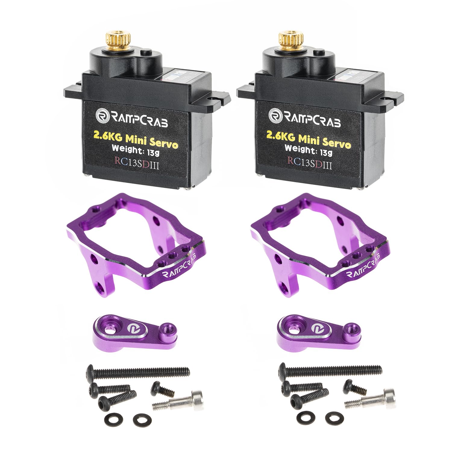 RampCrab RC Steering Servo with Servo Mount and Servo Horn for TRX4M RC Car, 1/18 Upgrades Parts, Suitable for TRX4-M Bronco Defender K10 (Purple Horn), 2Sets
