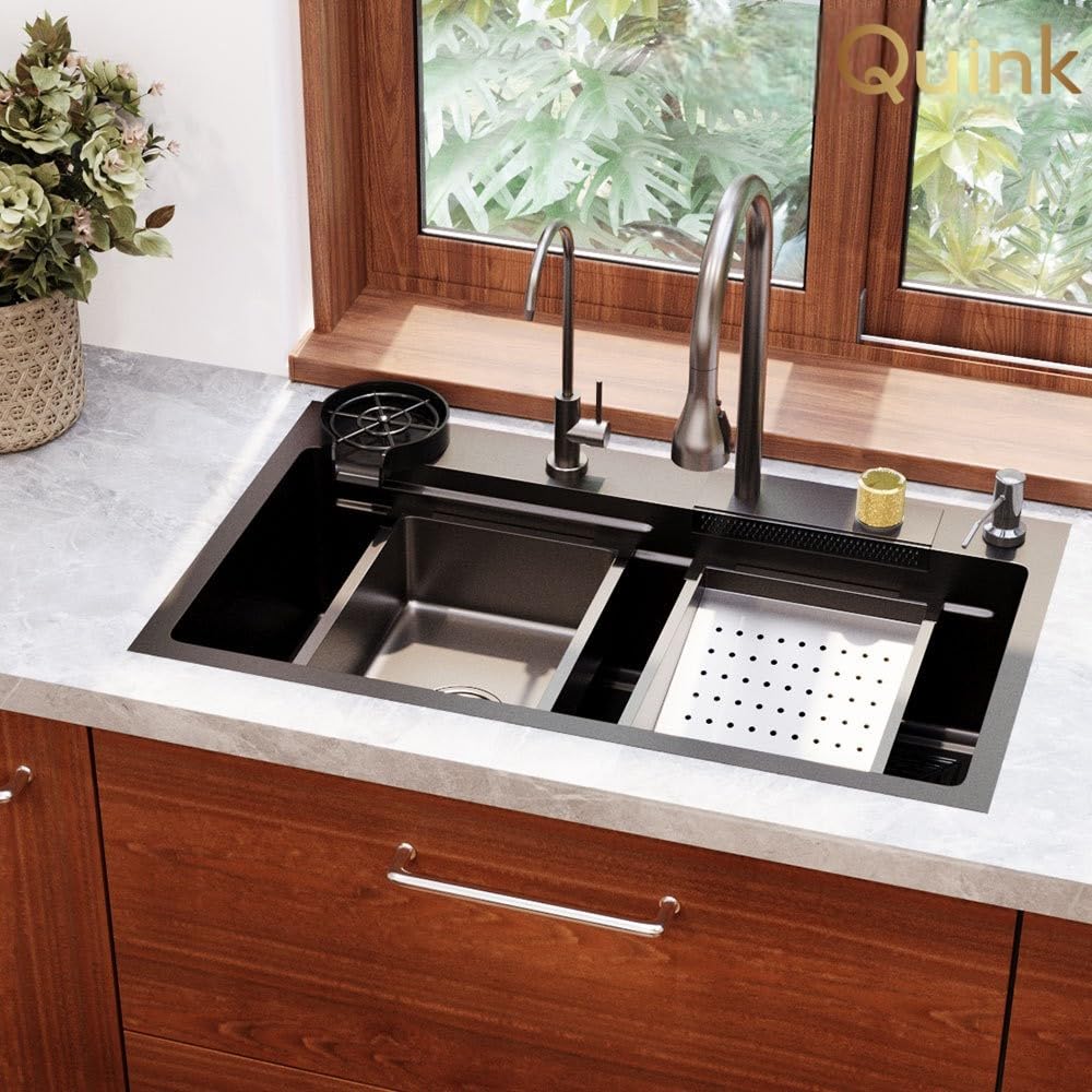 Quink 304 Grade Stainless Steel 30 x 18 x 10 Inch Kitchen Sink With Integrated Waterfall, Pull-down Faucet, Anti Scratch Design (SINK) (B0DHH7KJ96) Amazon Price History, Amazon Price Tracker