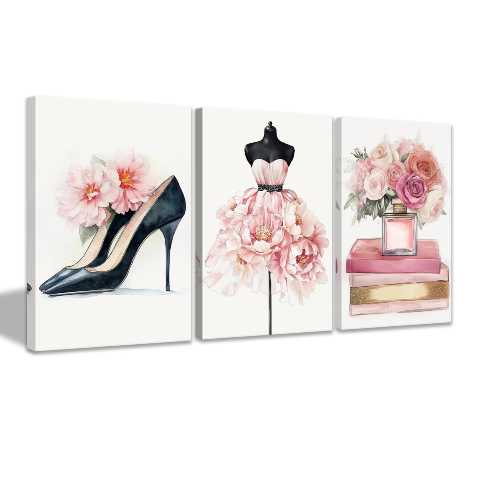 CCWACPP Pink Fashion Canvas Wall Art for Teen Girls Bedroom Pictures 3 Pieces Makeup Room Wall Decor Watercolor Prints Women Lady Beauty Room Decor Framed (60x90cmx3)