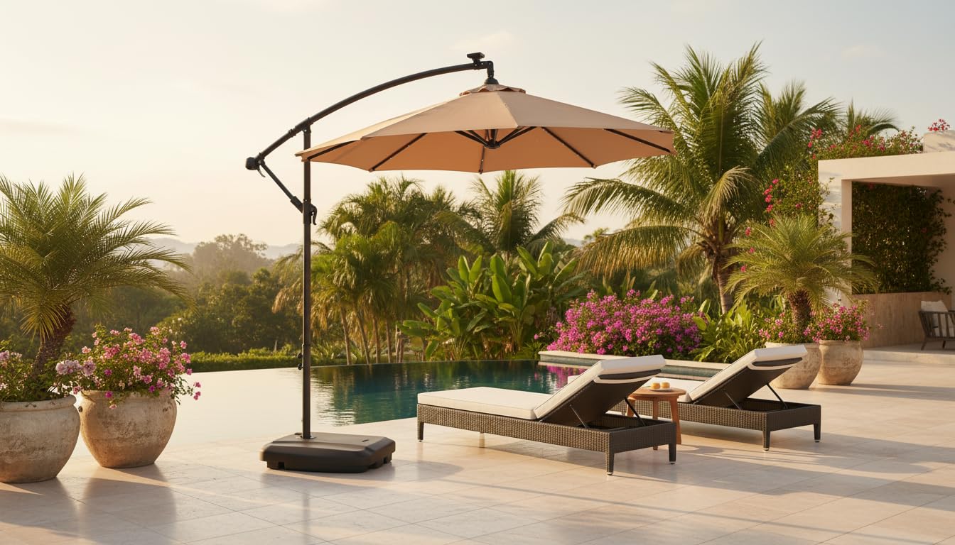 NETSPA - GD-UM2500BS - Parasol Complet (Base + Parasol) - Structure en Acier - LED intégrées alimentées par Panneau Solaire - Pied avec Roulette de Transport - Rond