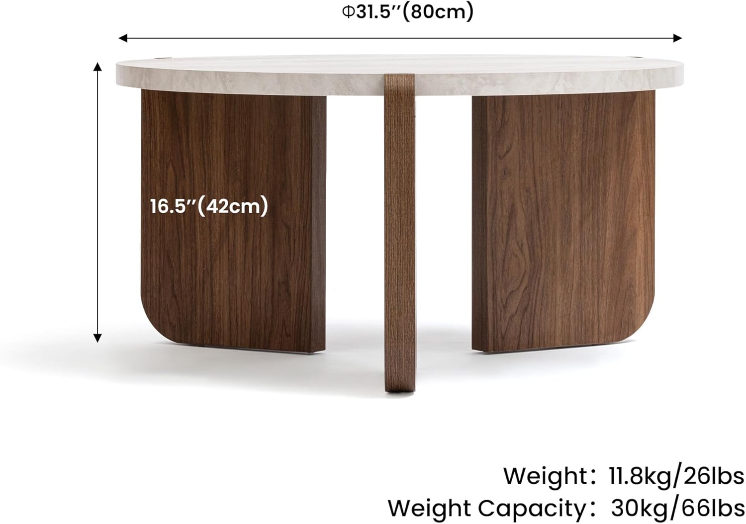 HOMPUS 31.5" Farmhouse Round Coffee Table, Wooden Coffee Table with Faux Marble Tabletop, Modern Living Room Circle Center Table, End Table for Living Room, Apartment, Easy Assembly (White + Brown)