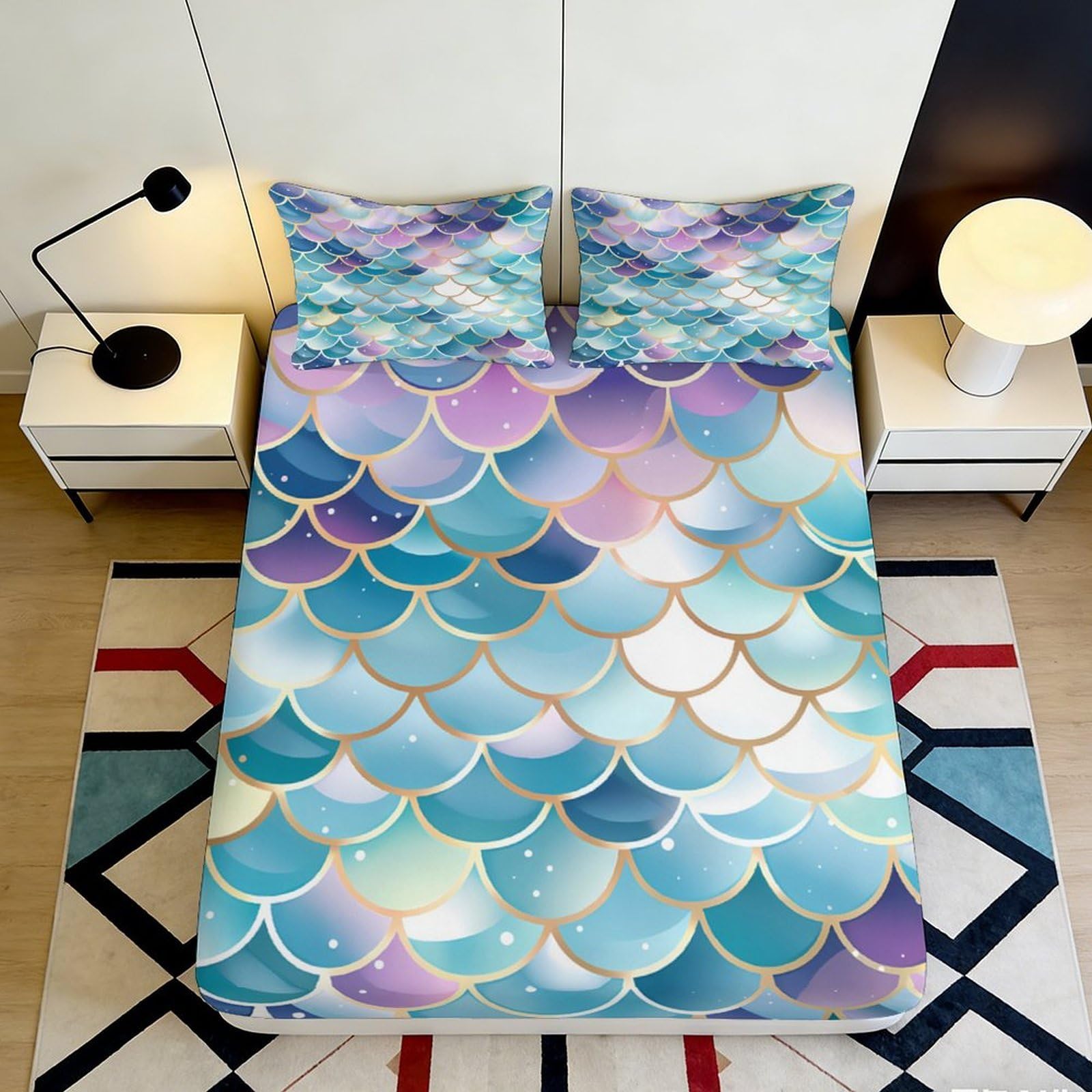 3D Printed Mermaid Scales Fitted Sheet Microfiber Soft Pastel Iridescent Bed Cover for Bedroom Dorm Decor 90x200x25cm