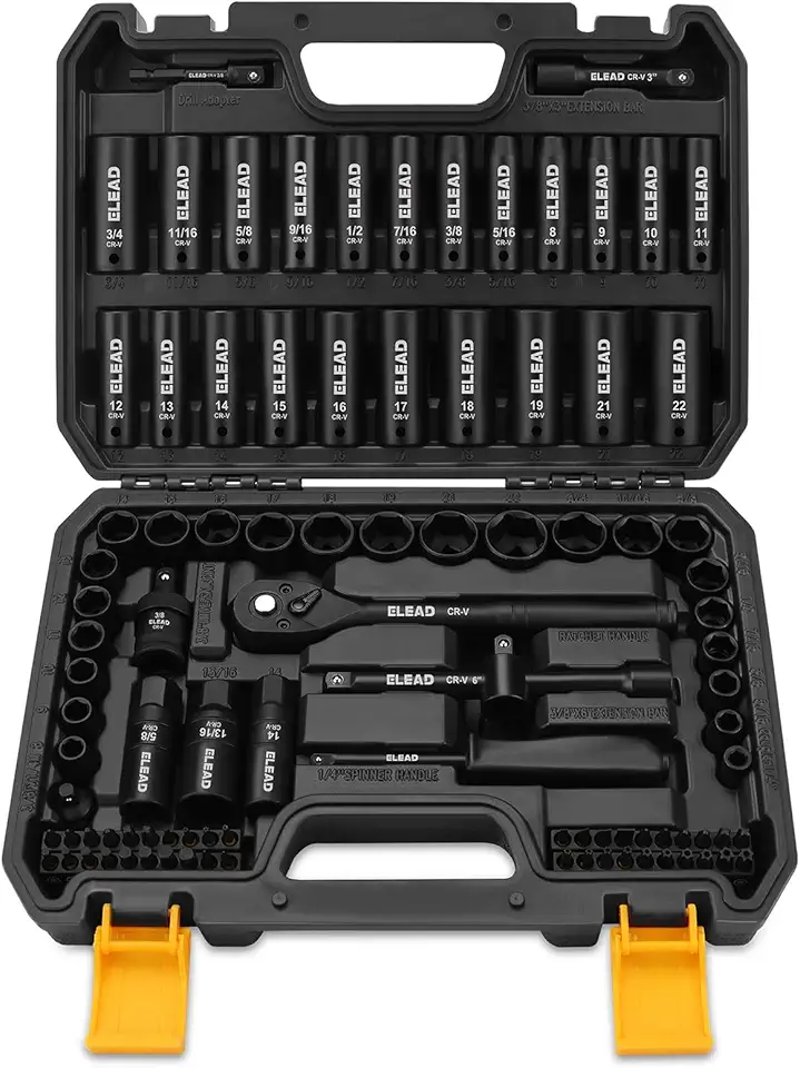 ELEAD 3/8" Drive Impact Socket Set, 96-Piece Deep &amp; Shallow Socket Set Metric and Standard Full with Adapters, Ratchet Handle, Universal Joint, Extension Bar, Screwdriver Bit Sets, Spark Plug
