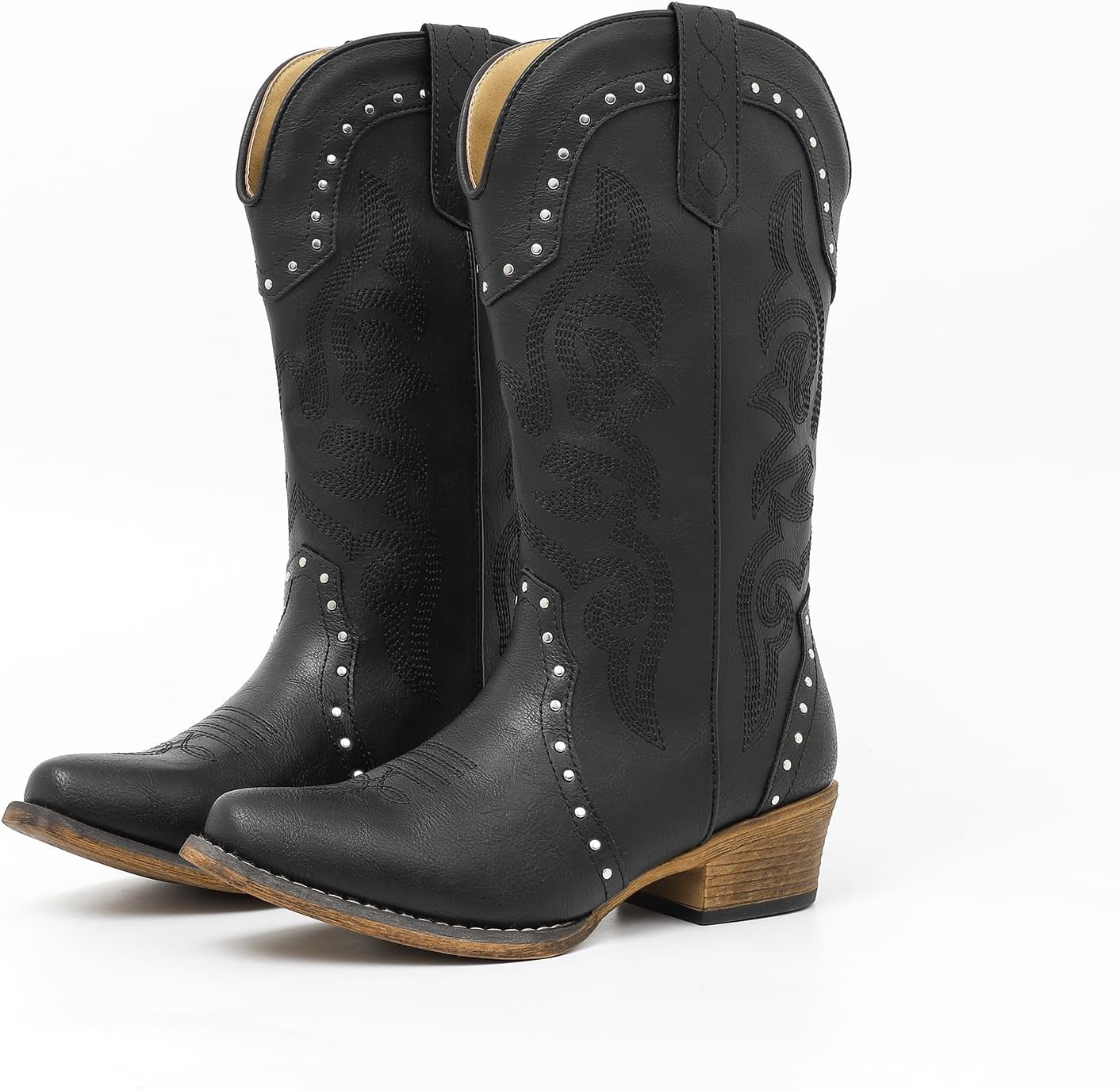 Cowboy Boots For Women Rivet Vintage Elements Mid-Calf Cowgirl Boots Square Toe Chunky Heel Embroidery Stitched Western Boots - Image 3