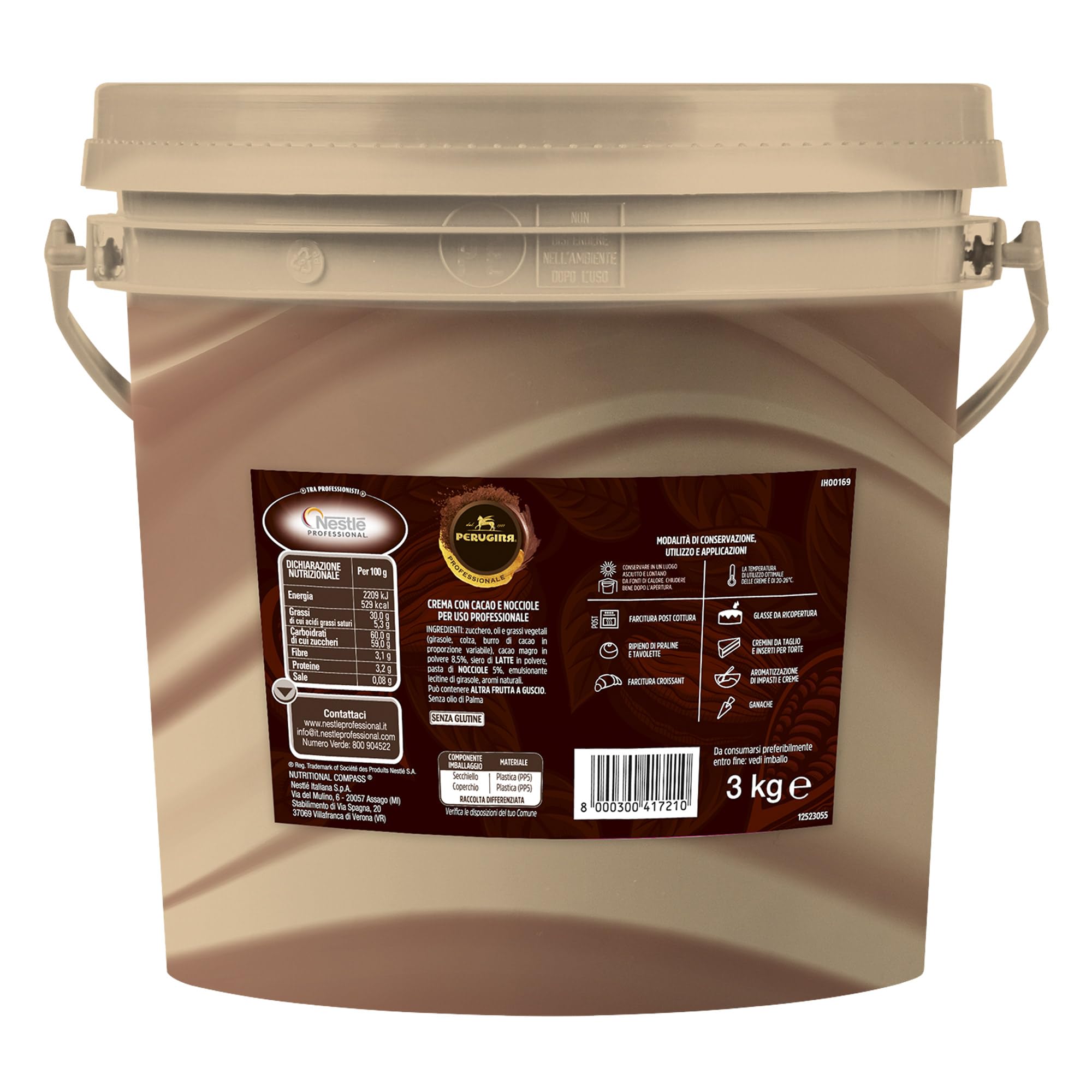 PERUGINA PROFESSIONALE Crema Intensa Nocciole Secchiello 3kg | Crema spalmabile al gianduia, ideale per come ingrediente per la realizzazione di dolci, farciture e guarnizioni