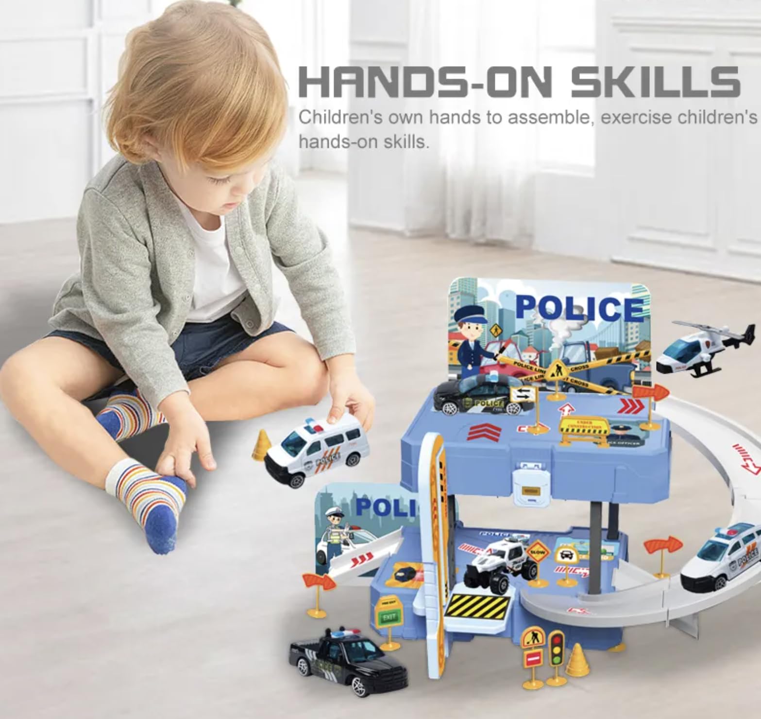 BeFunky Portable Suitcase Garage Parking Lot Toys for Boys with Track, Mini Figures and Vehicles Set Toys Playset for Kids 3 4 5 6 7 Boys (Police) - Image 2 thumbnail