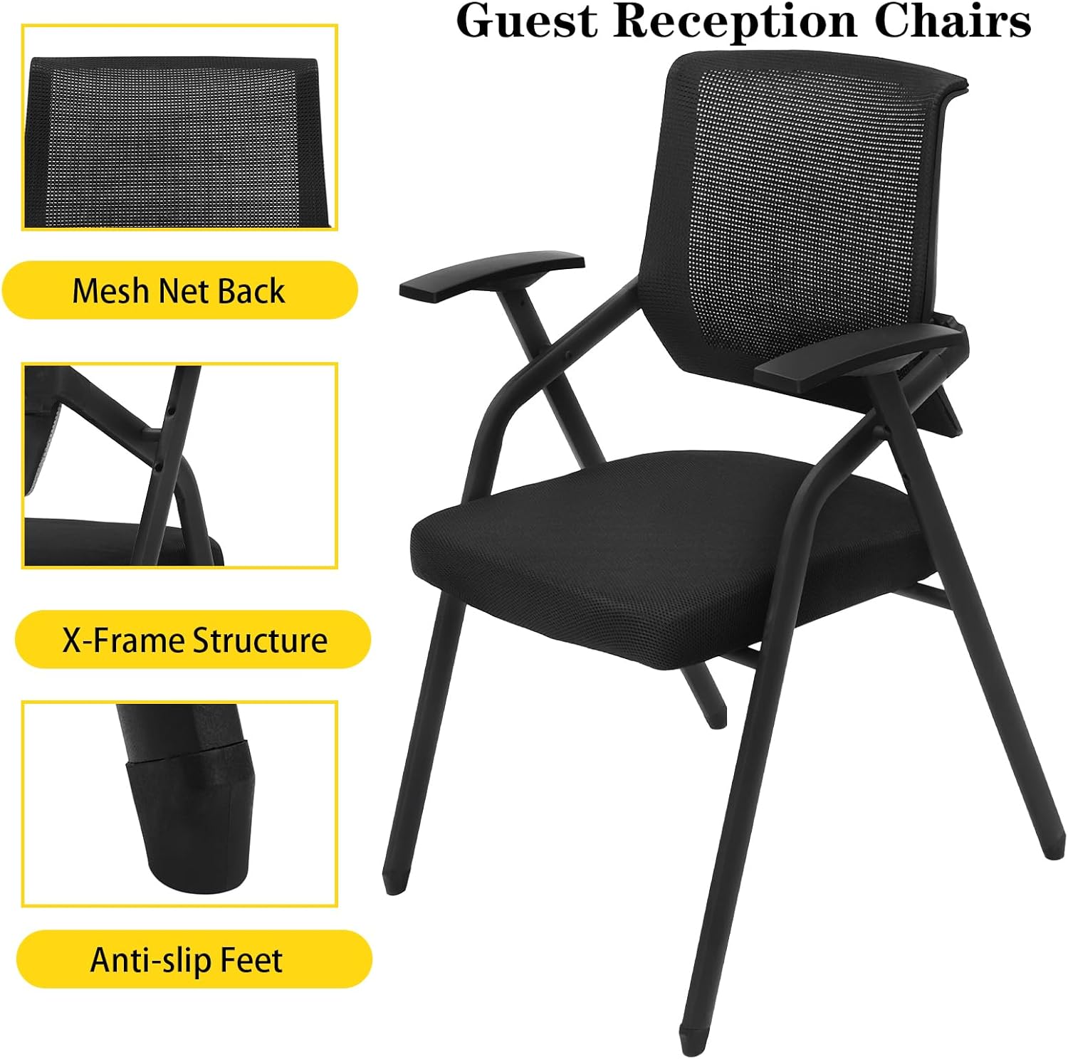 Arm Chair, 2 Pack Folding Office Desk Chair, Mesh Guest Reception Stack Chairs, Executive Office Chairs for Conference Waiting Room, with Arms - Anti-Slip Feet - Mesh Net Back, Black