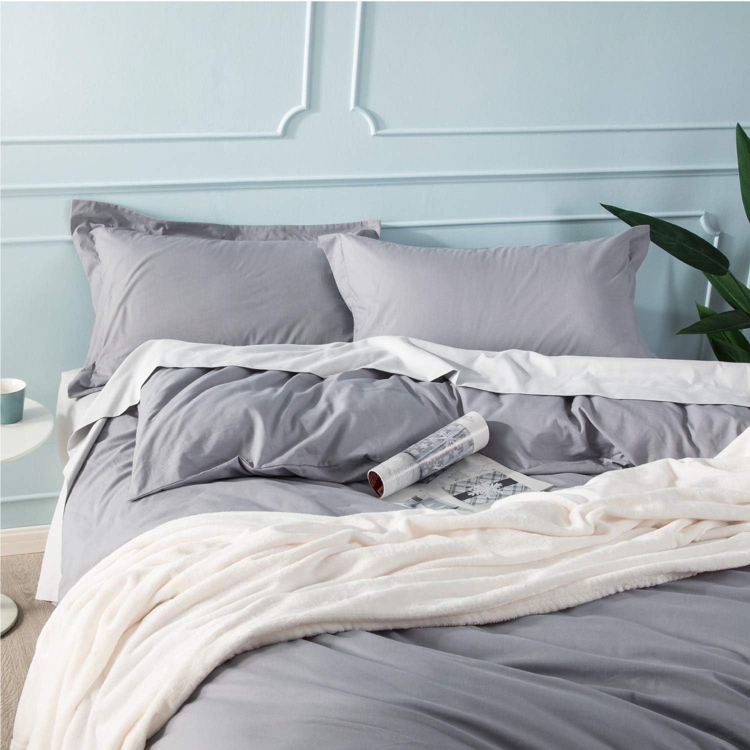 Bedsure 100% Washed Cotton Duvet Covers Queen Size - Grey Comforter Cover Set 3 Pieces (1 Duvet Cover + 2 Pillow Shams)