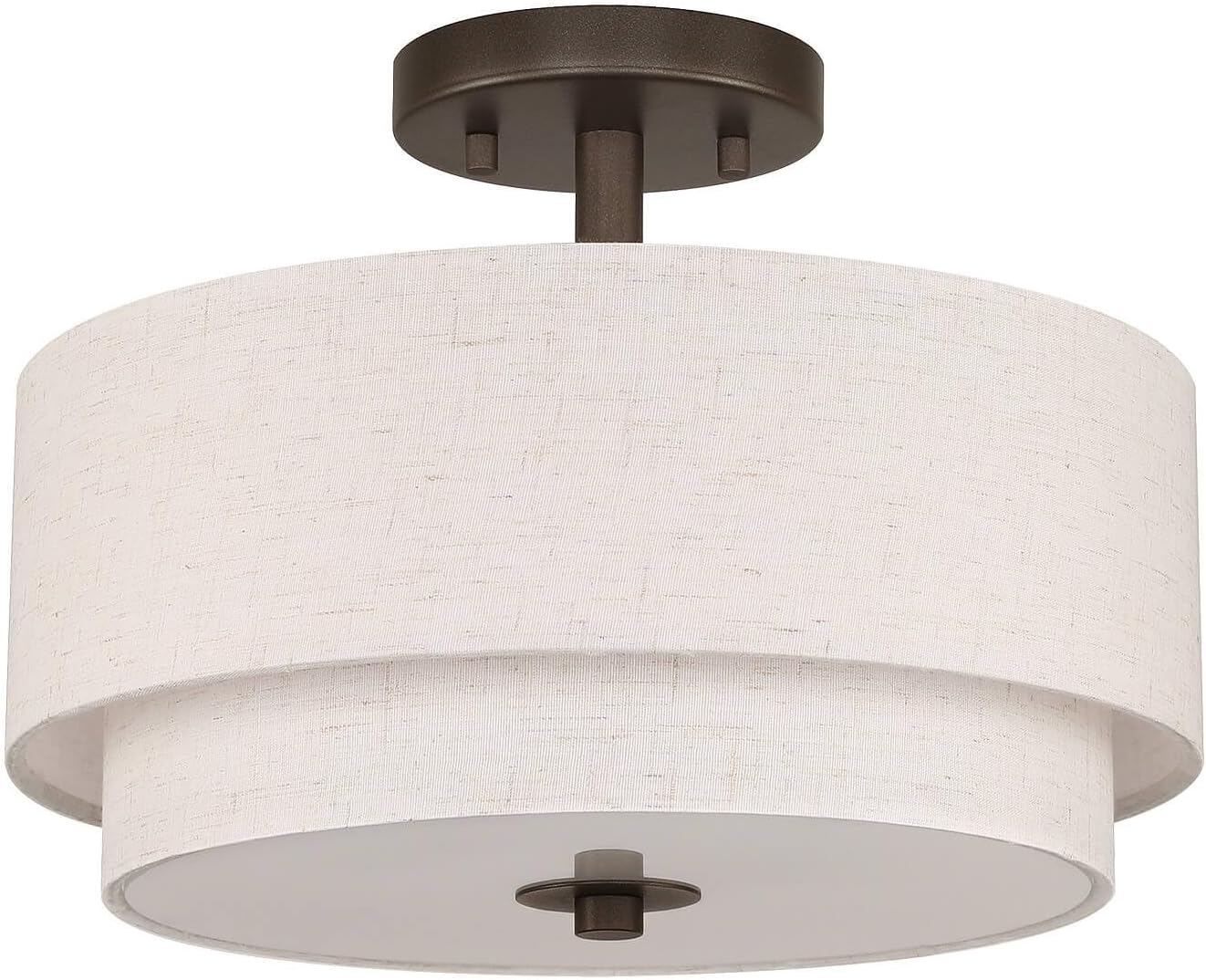 XiNBEi Lighting 13" Semi Flush Mount Ceiling Light Farmhouse 2 Light Close to Ceiling Light Fixture with Linen Fabric Shade Bronze Drum Ceiling Light for Bedroom Hallway Living Room XB-SF1289-13DB