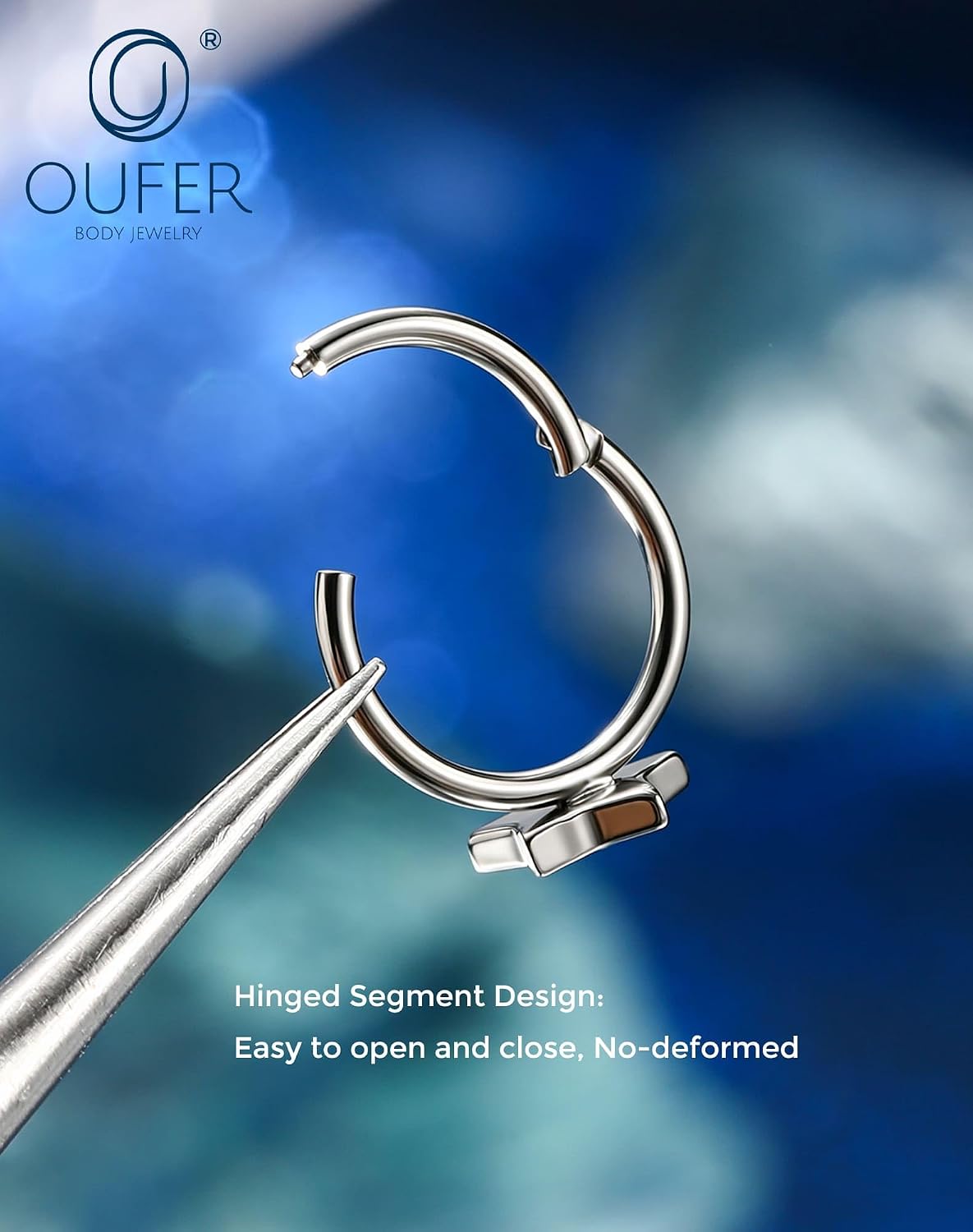 OUFER 20G G23 Titanium Star Nose Ring, Silver 7MM Hinged Hoop Piercing