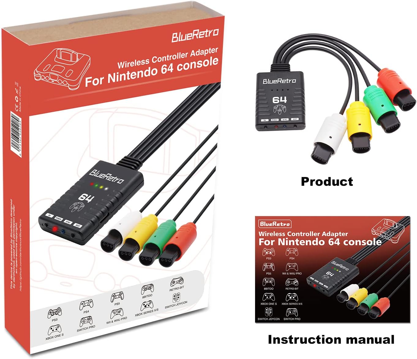 BITFUNX Wireless Controller Adapter - Support Firmware Upgrade, Dual-Mode BT, Keymap Configuration, Compatible with PS3/PS4/PS5,Xbox One S,Series X/S,Switch Pro Bluetooth Controllers (ONLY for N64)