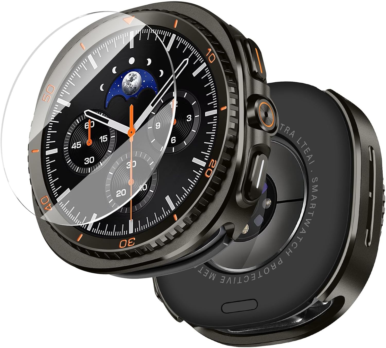 3 in 1 Metal Case Compatible for Samsung Galaxy Watch 8 40mm with Screen Protector, Rugged Scratch Resistant Protective Bumper Cover for Samsung Galaxy Watch 8, Graphite/Orange