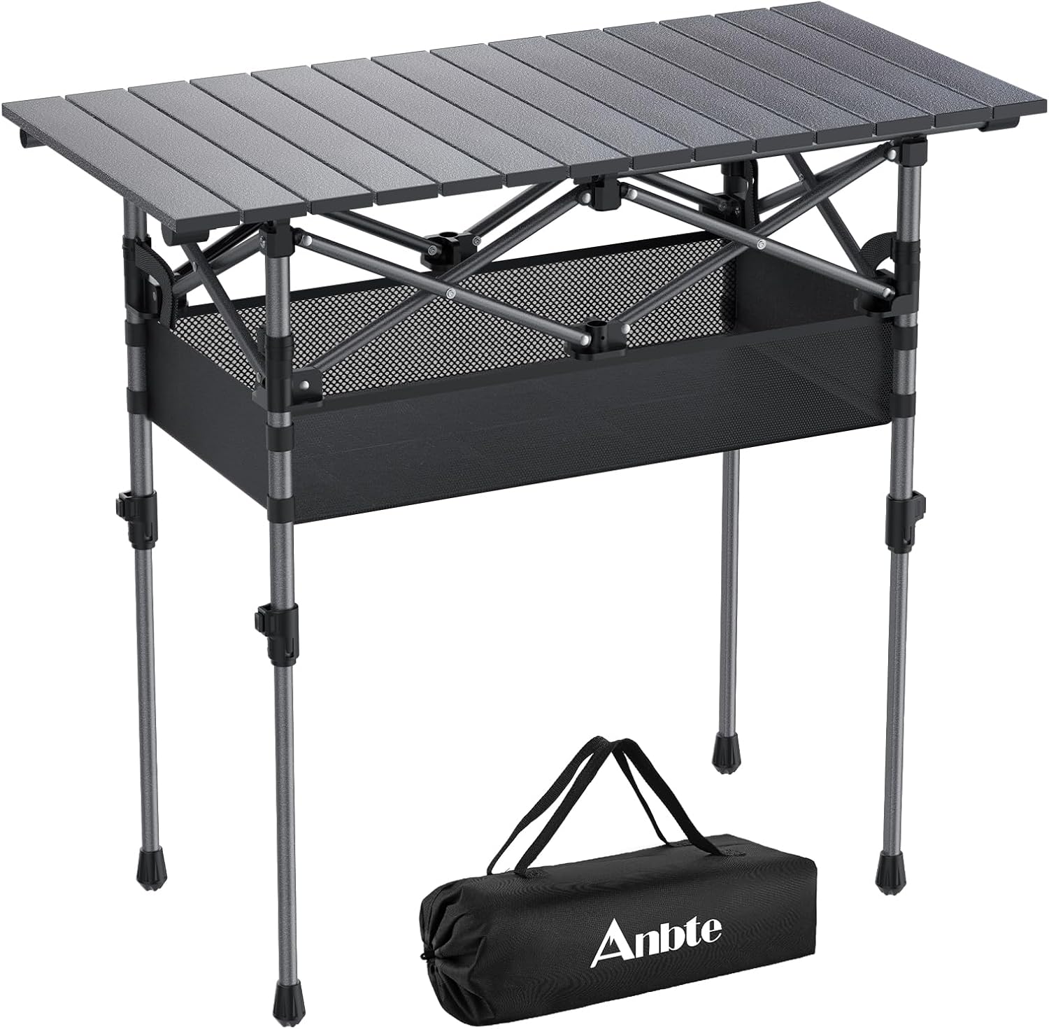 Anbte 3ft Aluminum Roll Top Camping Table, 2 Adjustable Height Camping Table Folding with Storage Net &amp; Bag Lightweight Roll Up Table for Indoor Outdoor Backyard BBQ Patio Picnic, 32.2” X 16”, Bla