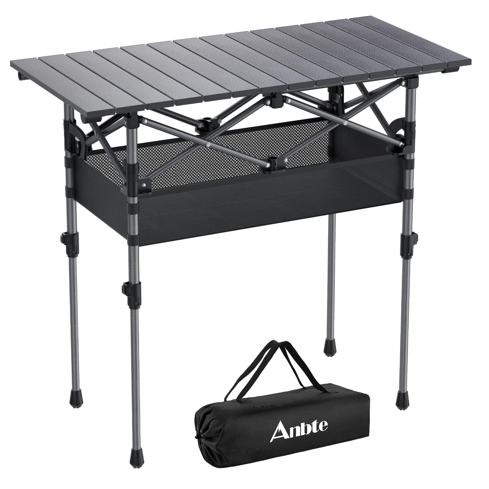 Anbte 3ft Folding Camping Table with Storage Net and Bag, 2 Adjustable Heights Aluminum Roll Up Camping Table, Lightweight Picnic Table, for Outdoor Indoor Travel Bbq, 82cm x 40 cm, Black