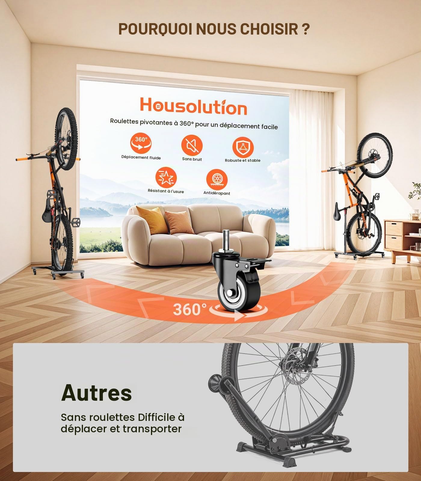 Housolution Support à Vélo Vertical avec Roues pour Vélo Porte à 80lbs | Support à Vélo Autonome Jusqu'à 29", Hauteur Réglable Sans Perforation pour Garage & Appartement, Support de Sol