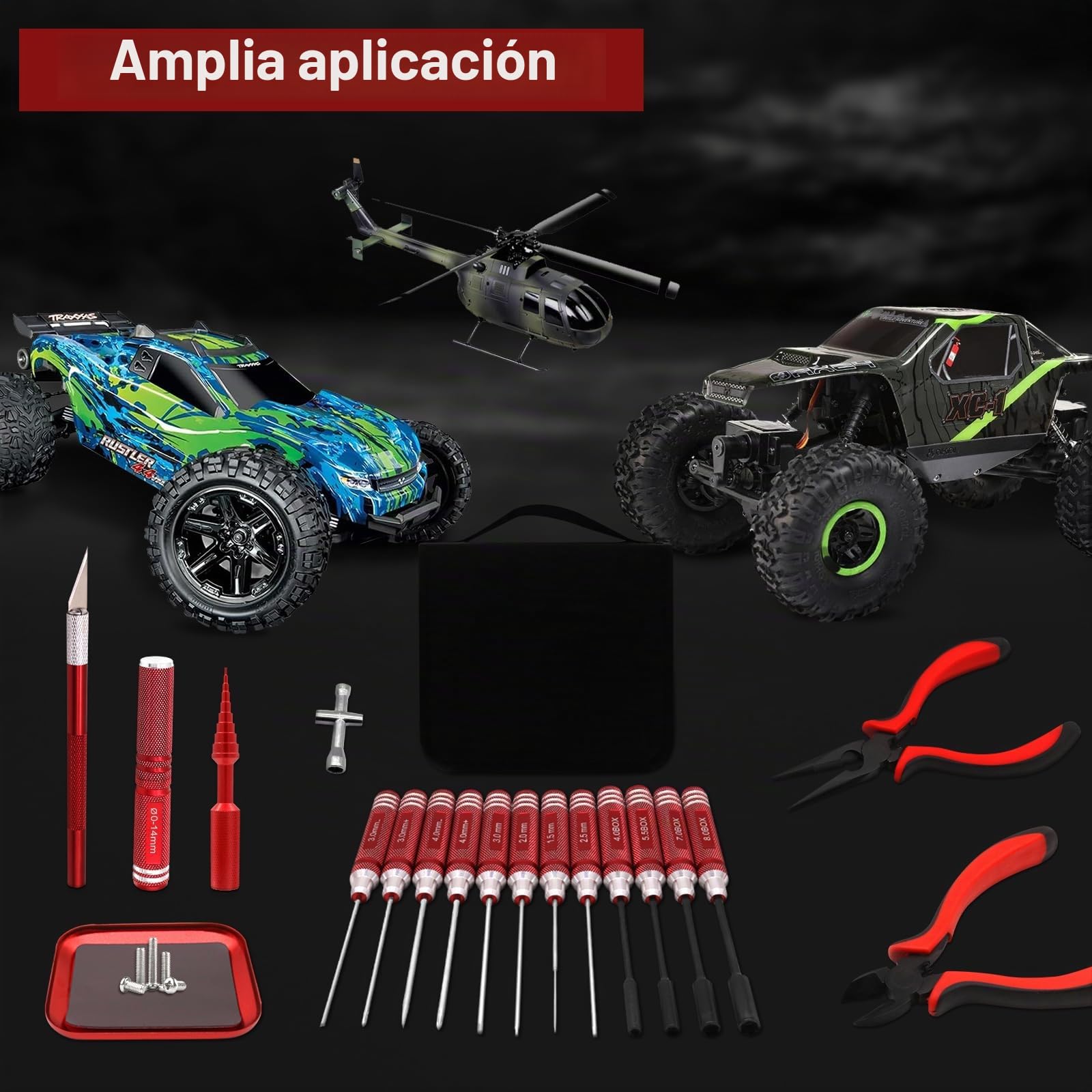 Juego de herramientas 19 en 1 RC, destornillador RC, juego de herramientas hexagonal, tuerca hexagonal, destornillador plano, alicates RC para drones 1/8 1/10 Traxxas Axial Arrma DJI Rojo