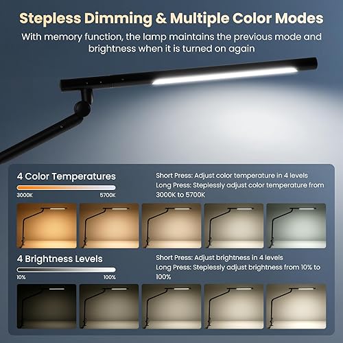 Miniatura 3 de Pak Lámpara de escritorio LED con abrazadera, luz de escritorio de arquitecto de doble luz de 18 W, interruptor de sensor de luz RGB con brazo