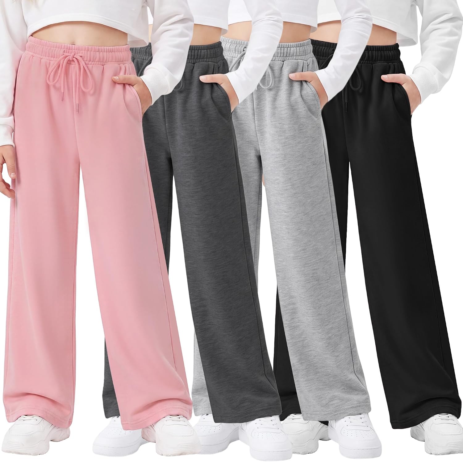 Resinta 4 Pack Girls Wide Leg Sweatpants Drawstring Baggy Athletic Joggers Teen Kids Casual Pants with Pockets