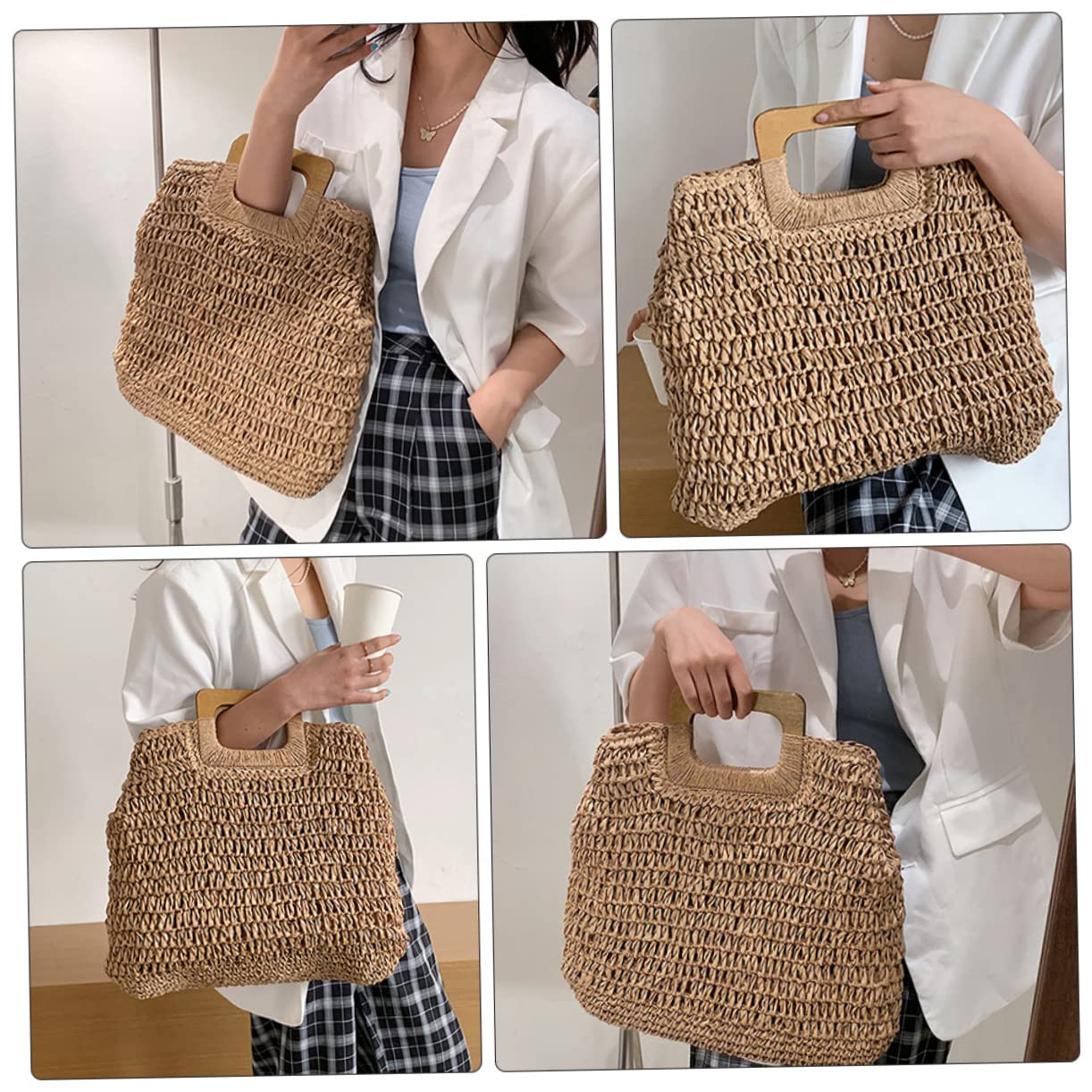 1pezzi Borsa Intrecciata Mano Per Ragazze Semplice Borsa Tote Estiva Mare Spiaggia Custodia Estiva Alla Moda Per Shopping e Spiaggia